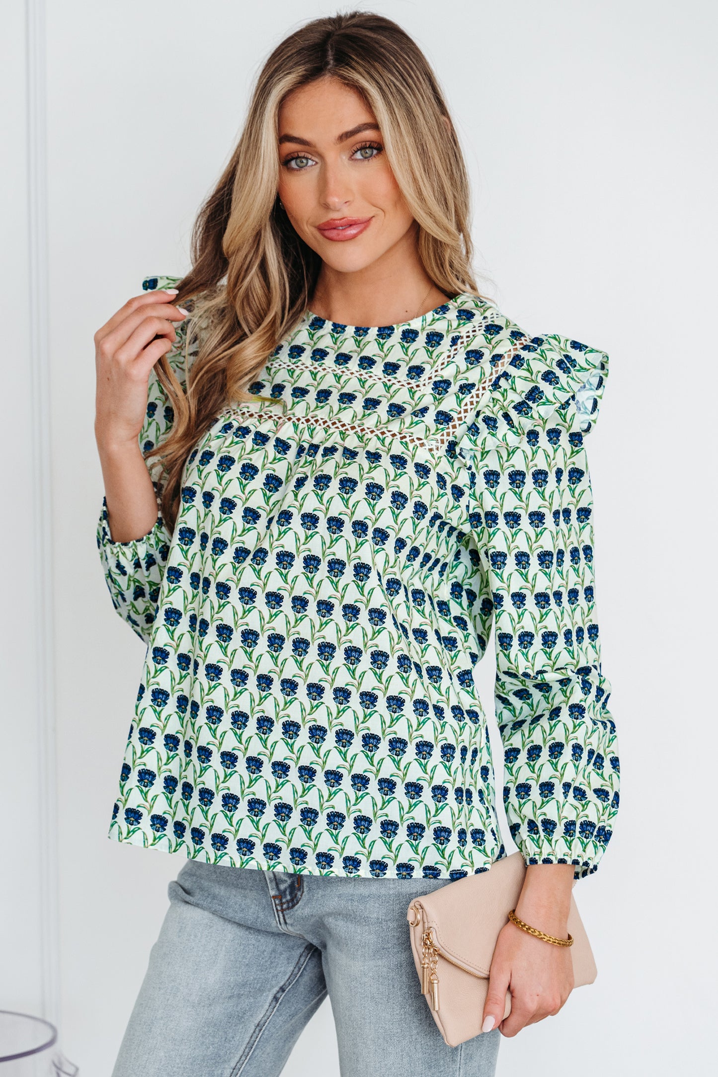 Green Floral Print Lace Detail Ruffle Trim Long Sleeve Blouse-Tops/Blouses & Shirts-[Adult]-[Female]-2022 Online Blue Zone Planet