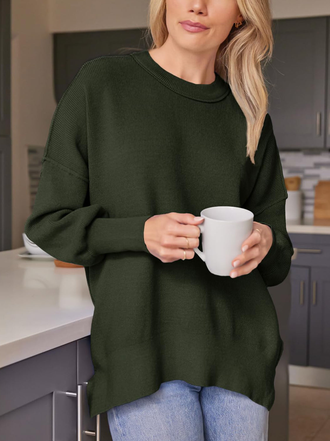 Blue Zone Planet | Slit Round Neck Dropped Shoulder Sweater-TOPS / DRESSES-[Adult]-[Female]-Army Green-S-2022 Online Blue Zone Planet