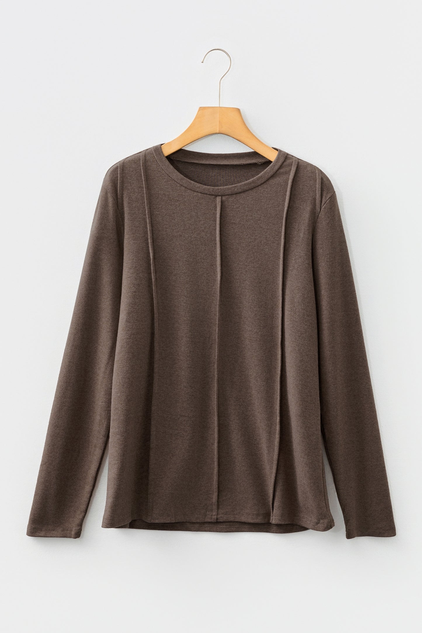 Chicory Coffee Solid Exposed Seam Crew Neck Long Sleeve Top-Tops/Long Sleeve Tops-[Adult]-[Female]-2022 Online Blue Zone Planet
