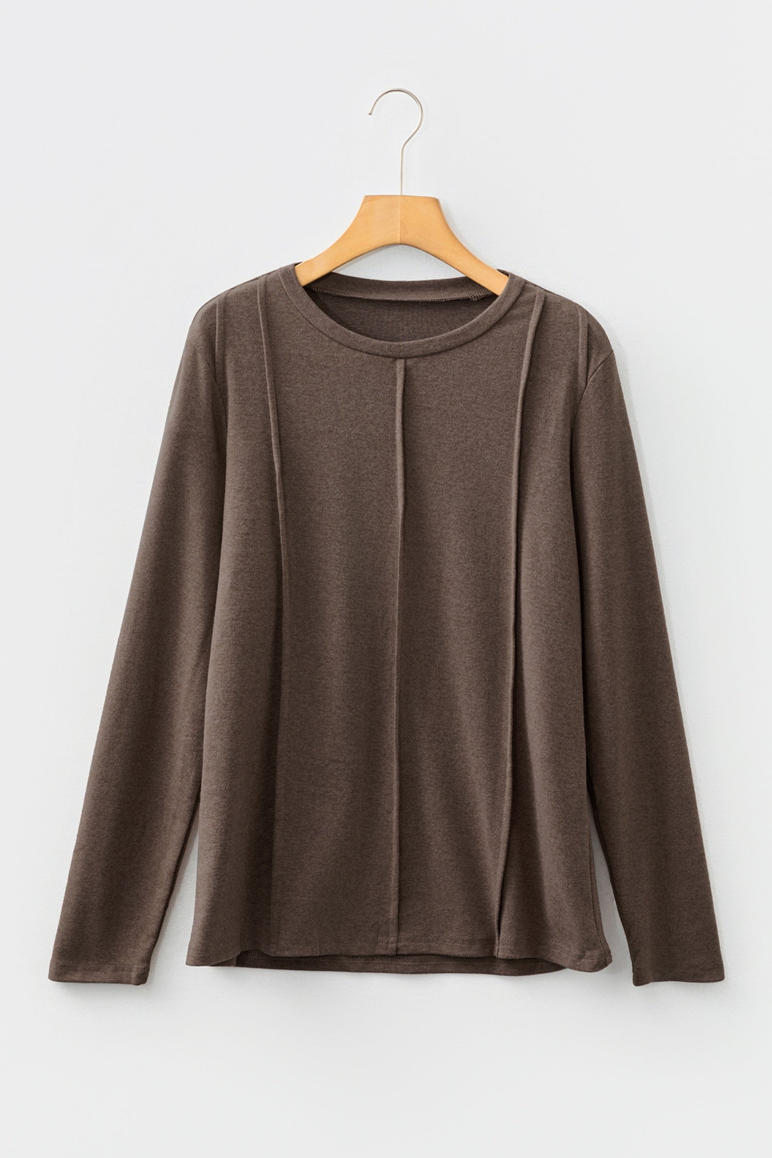 Chicory Coffee Solid Exposed Seam Crew Neck Long Sleeve Top-Tops/Long Sleeve Tops-[Adult]-[Female]-2022 Online Blue Zone Planet