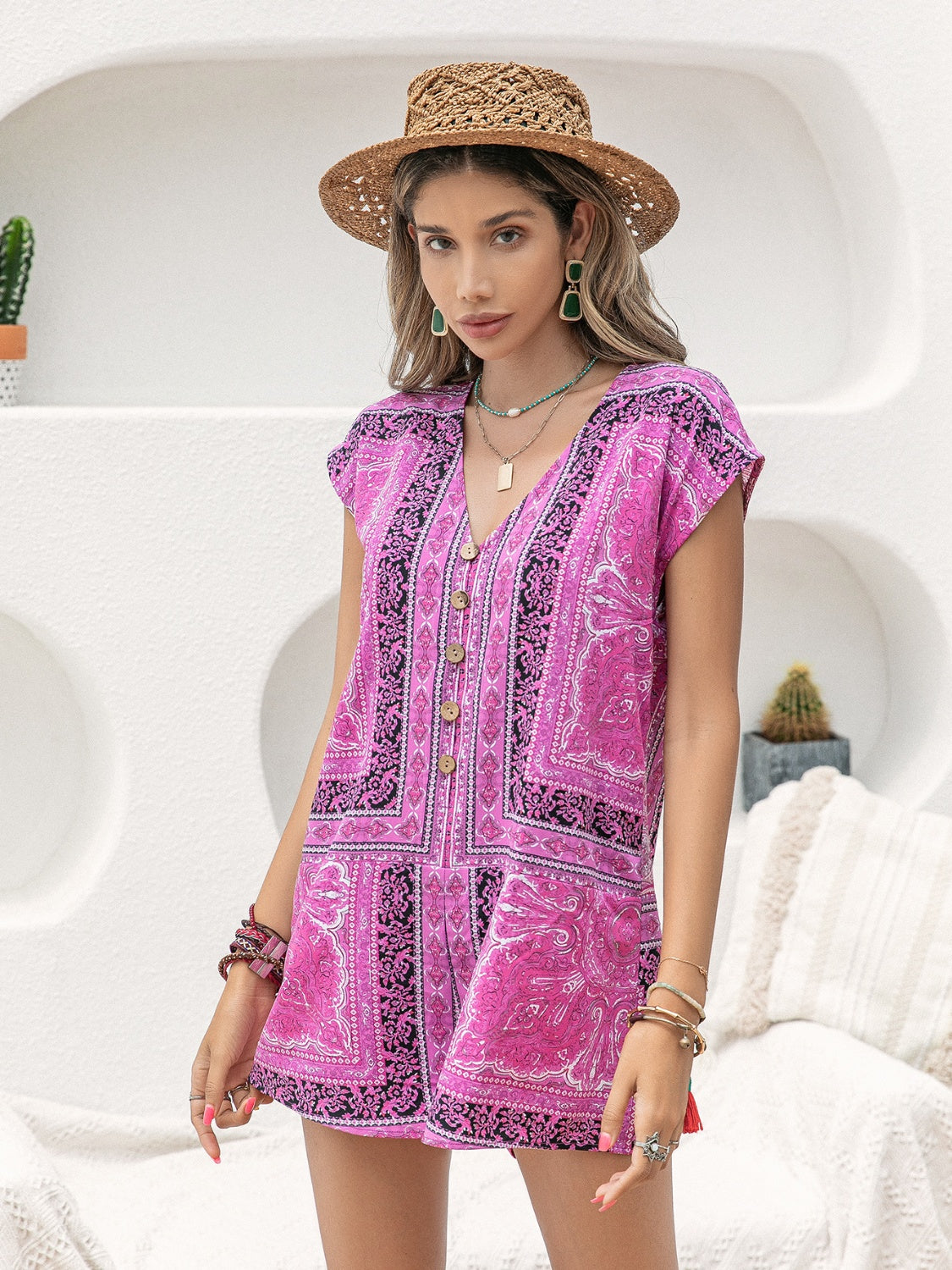 Printed V-Neck Cap Sleeve Romper-TOPS / DRESSES-[Adult]-[Female]-2022 Online Blue Zone Planet