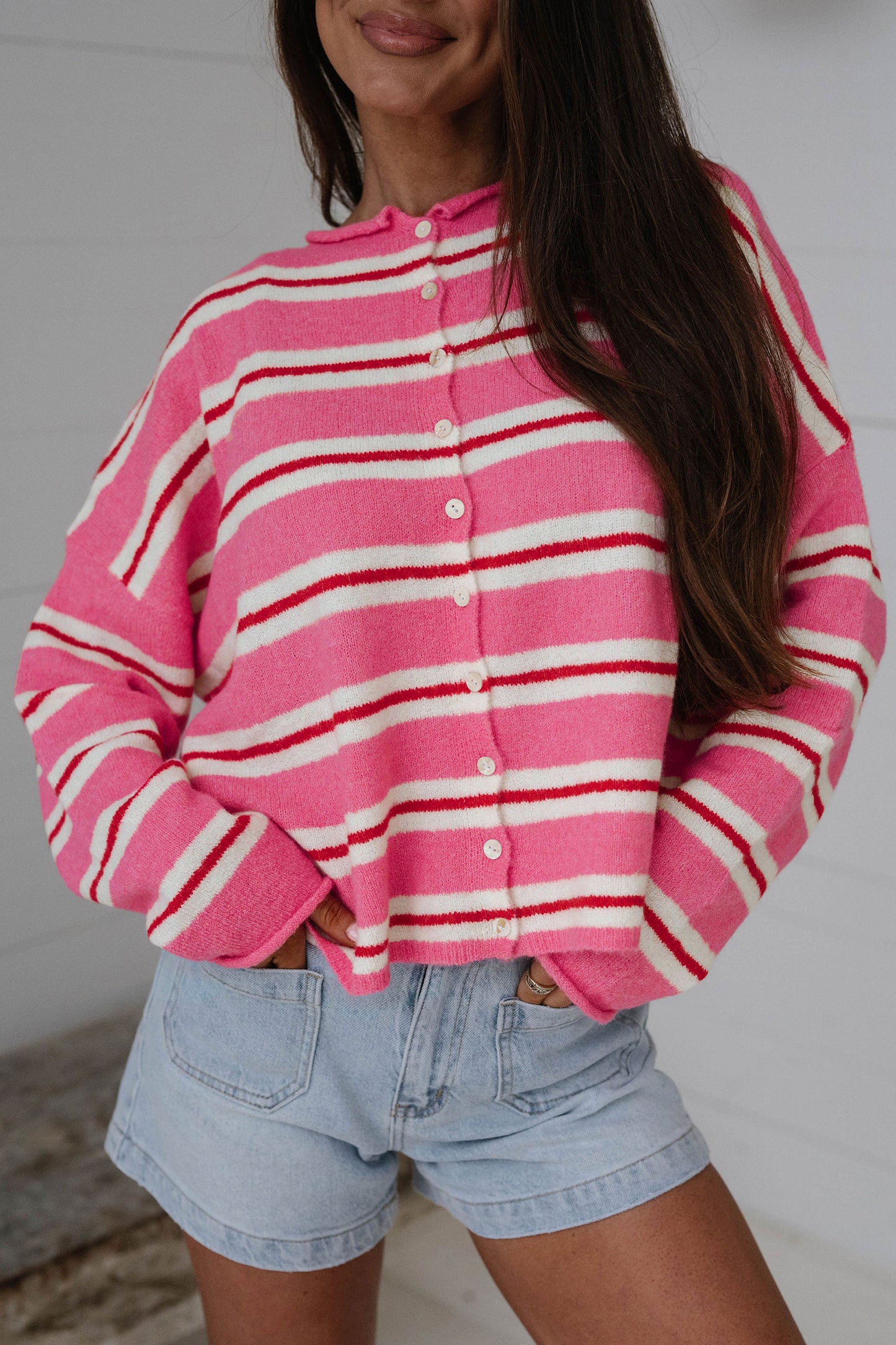 Blue Stripe Striped Drop Shoulder Button Cardigan