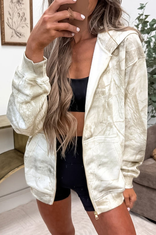 Multicolour Abstract Camo Print Hooded Zip-Up Sweatshirt-Tops/Sweatshirts & Hoodies-[Adult]-[Female]-Multicolour-S-2022 Online Blue Zone Planet