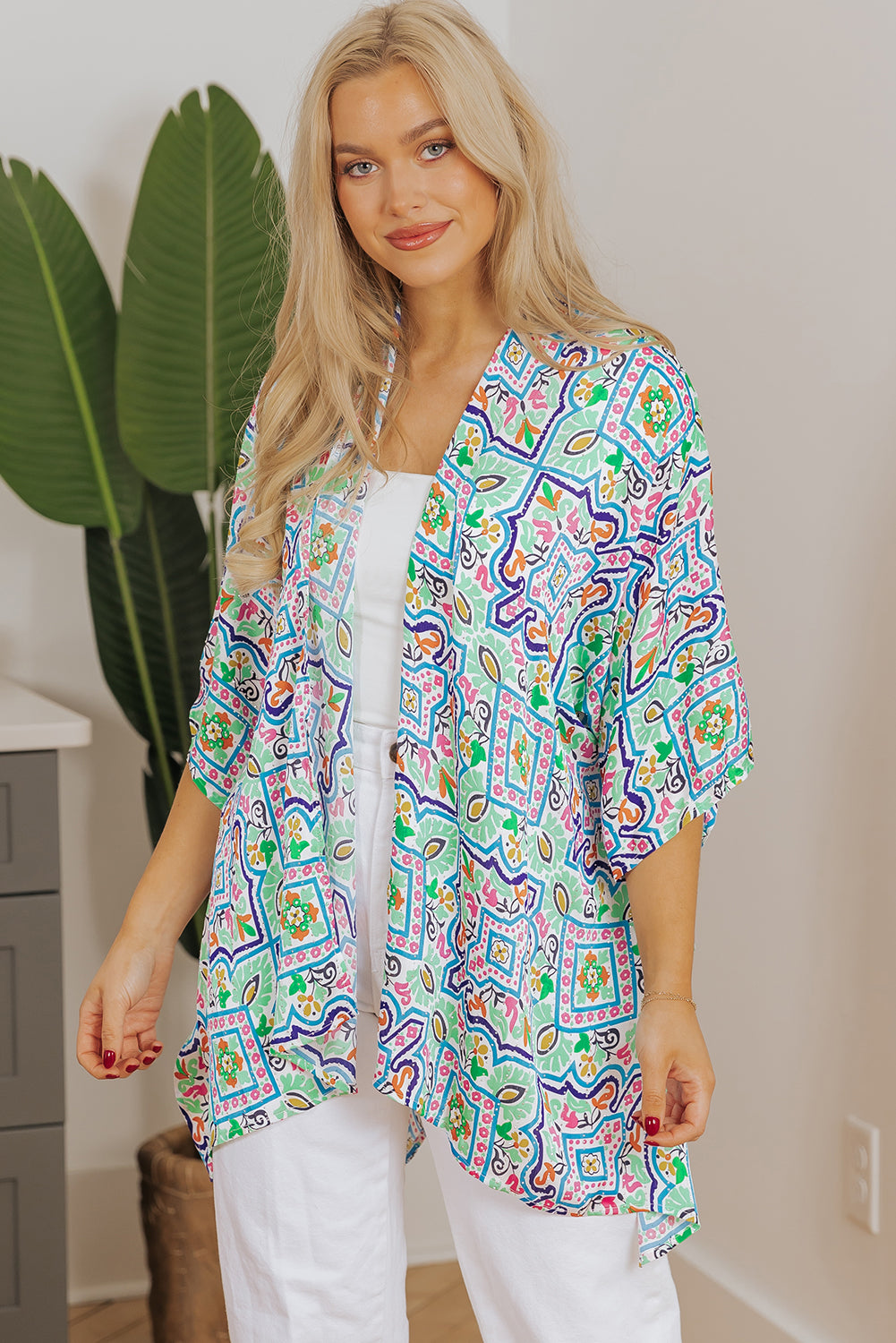 White Boho Floral Printed Rhinestone 3/4 Sleeve Open Front Kimono-Outerwear/Kimonos-[Adult]-[Female]-White-S-2022 Online Blue Zone Planet