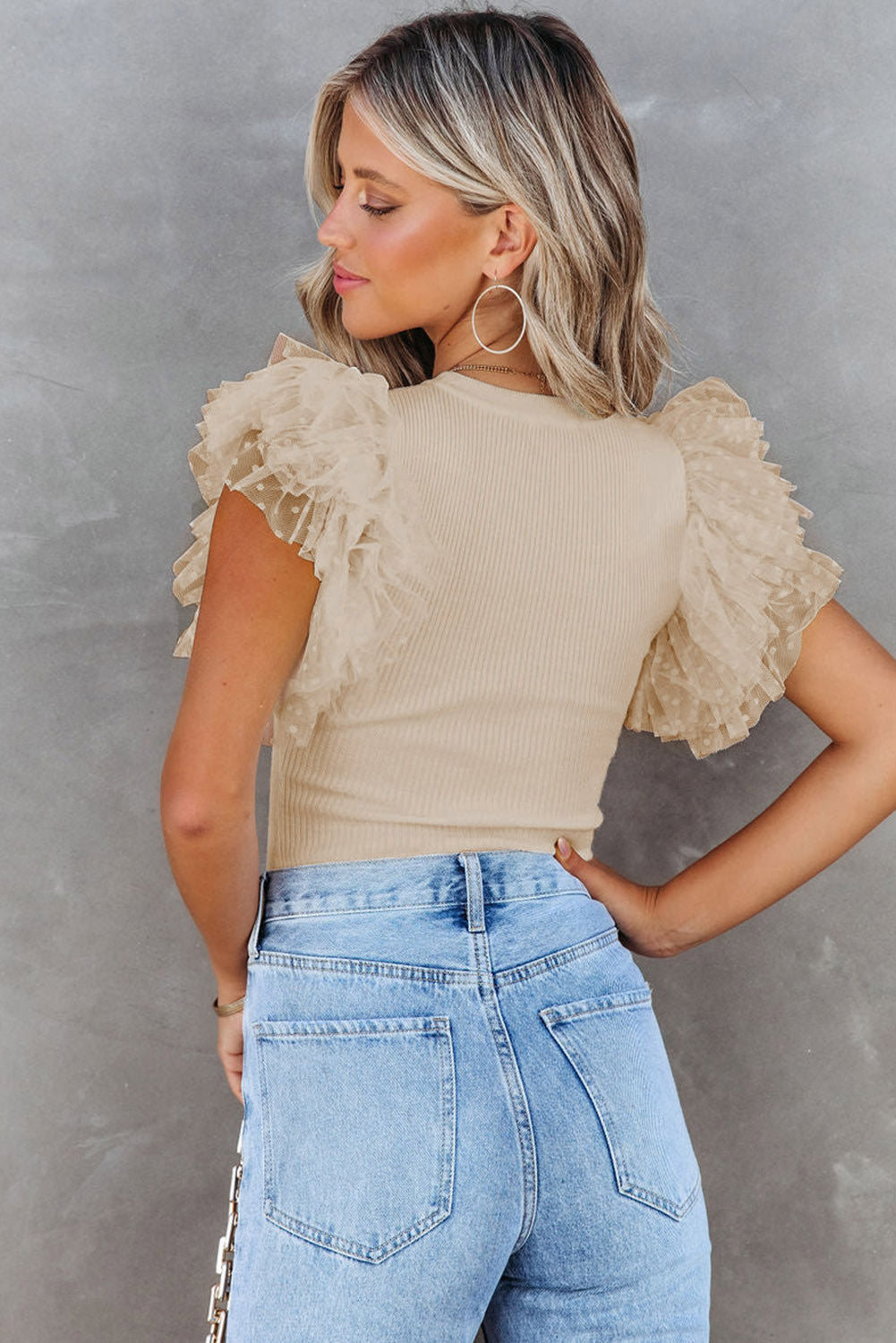 Pink Dotty Mesh Ruffle Sleeve Ribbed Knit Top-Sale (50% OFF)/30% OFF-[Adult]-[Female]-2022 Online Blue Zone Planet