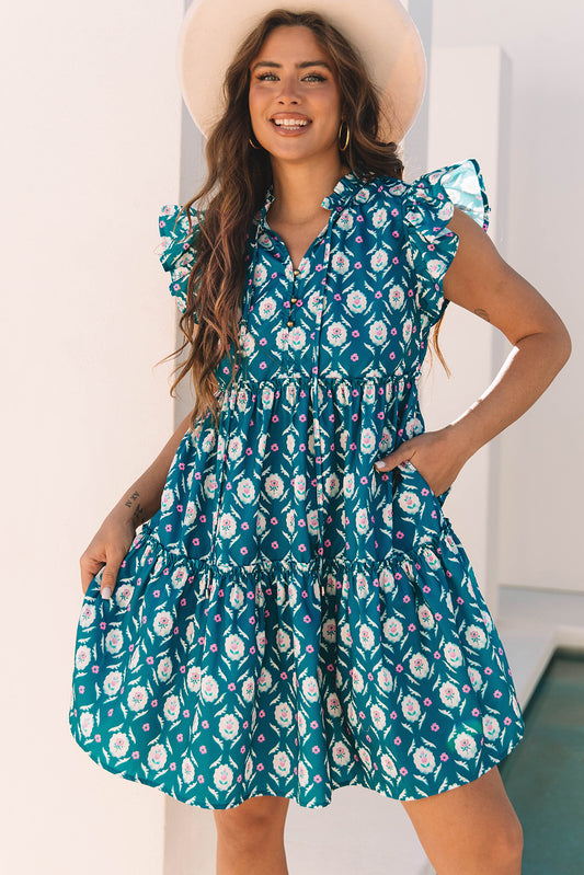 Blue Retro Floral Print Split Neck Ruffle Short Sleeve Dress-TOPS / DRESSES-[Adult]-[Female]-Blue-S-2022 Online Blue Zone Planet