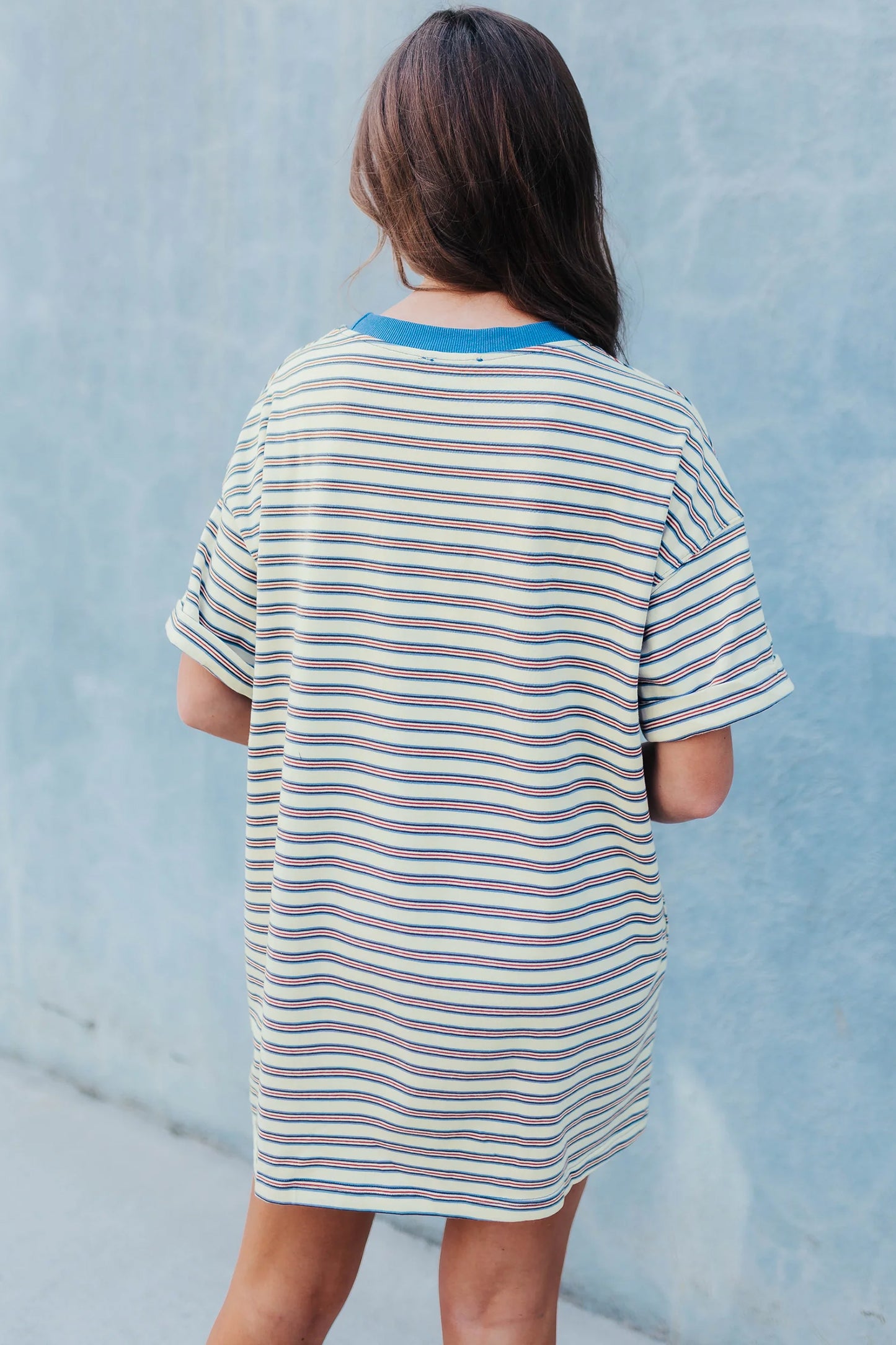White Stripe Drop Shoulder Cuffed Sleeve Loose Tunic T Shirt Mini Dress-Dresses/T Shirt Dresses-[Adult]-[Female]-2022 Online Blue Zone Planet