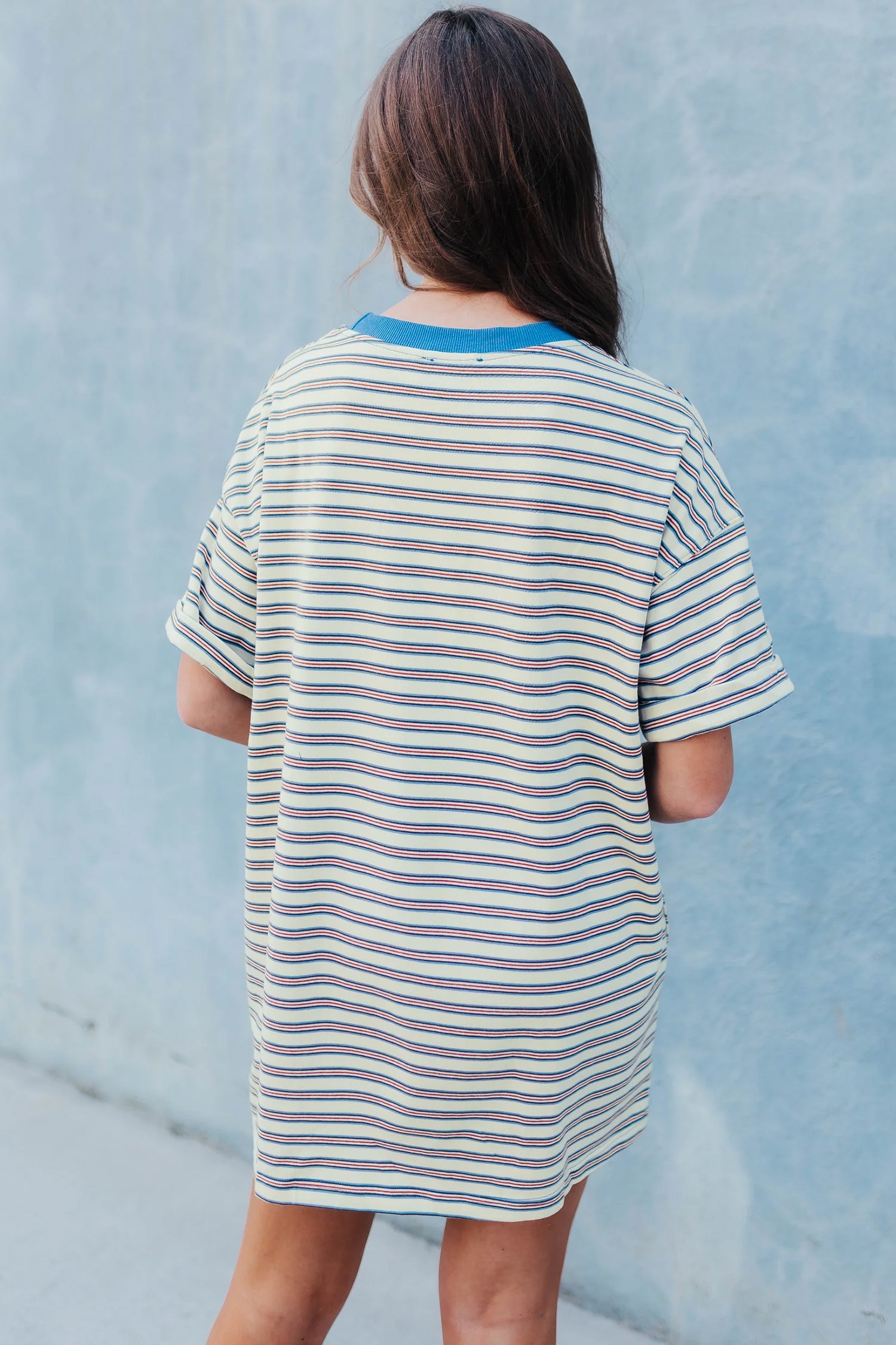 White Stripe Drop Shoulder Cuffed Sleeve Loose Tunic T Shirt Mini Dress-Dresses/T Shirt Dresses-[Adult]-[Female]-2022 Online Blue Zone Planet