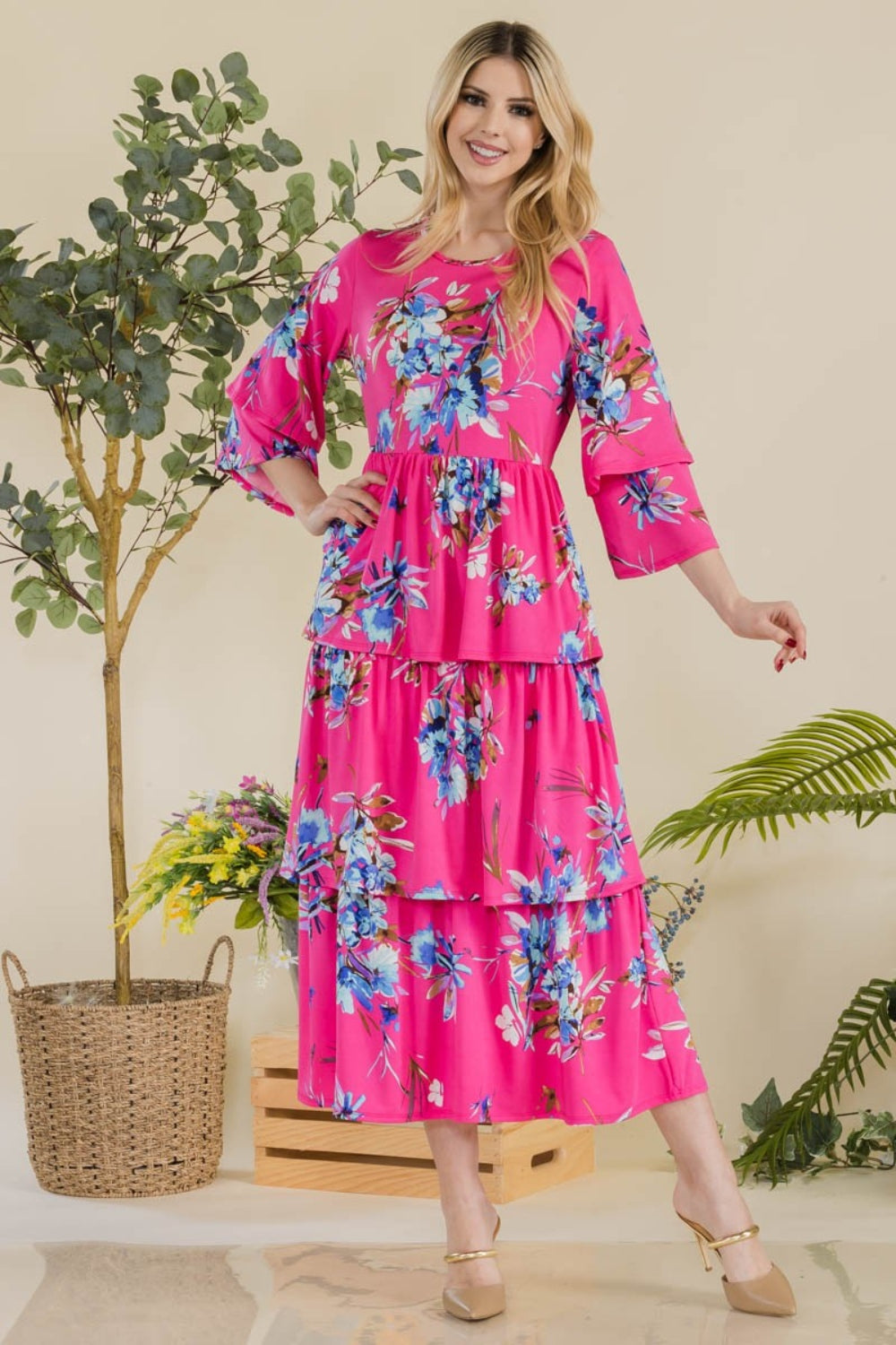 Celeste Full Size Floral Ruffle Tiered Midi Dress-TOPS / DRESSES-[Adult]-[Female]-FUCHSIA FL-S-2022 Online Blue Zone Planet