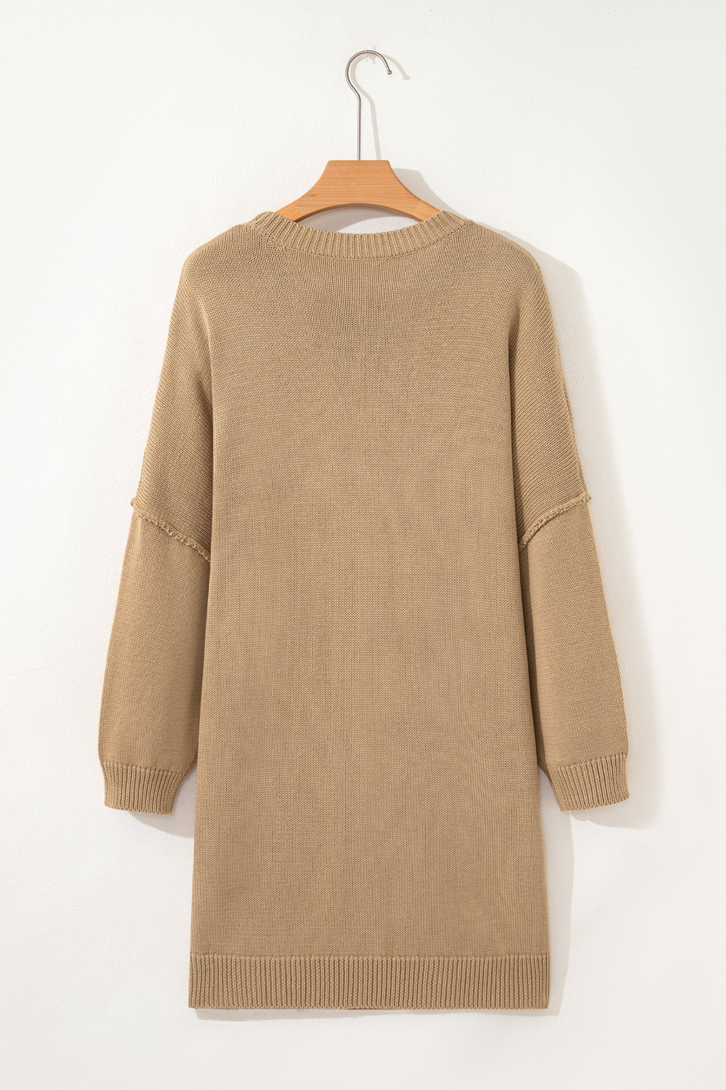 Pale Khaki Exposed Seam Drop Shoulder Oversize Sweater Mini Dress-TOPS / DRESSES-[Adult]-[Female]-2022 Online Blue Zone Planet