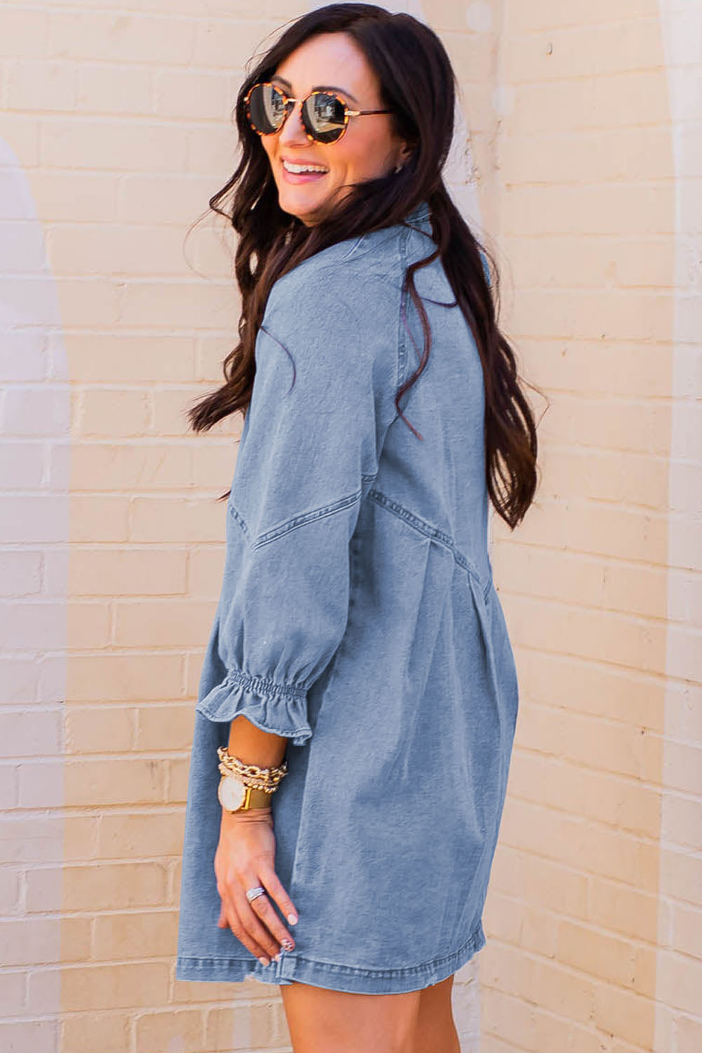 Blue Zone Planet | Sky Blue Buttoned Long Sleeve Denim Mini Dress-TOPS / DRESSES-[Adult]-[Female]-2022 Online Blue Zone Planet