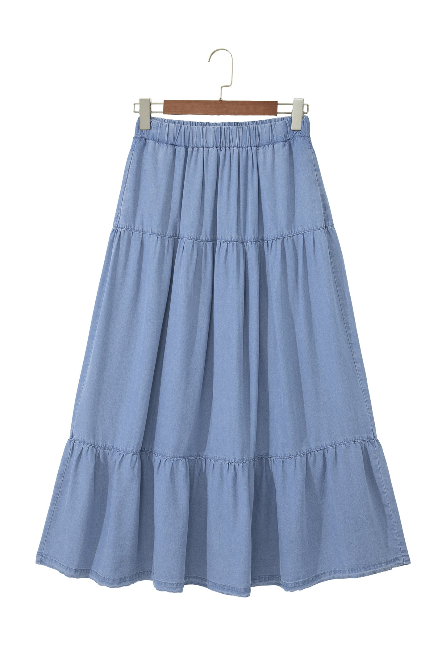 Beau Blue Elastic Waist Ruffled Tiered Flared Denim Maxi Skirt-Bottoms/Skirts & Petticoat-[Adult]-[Female]-2022 Online Blue Zone Planet