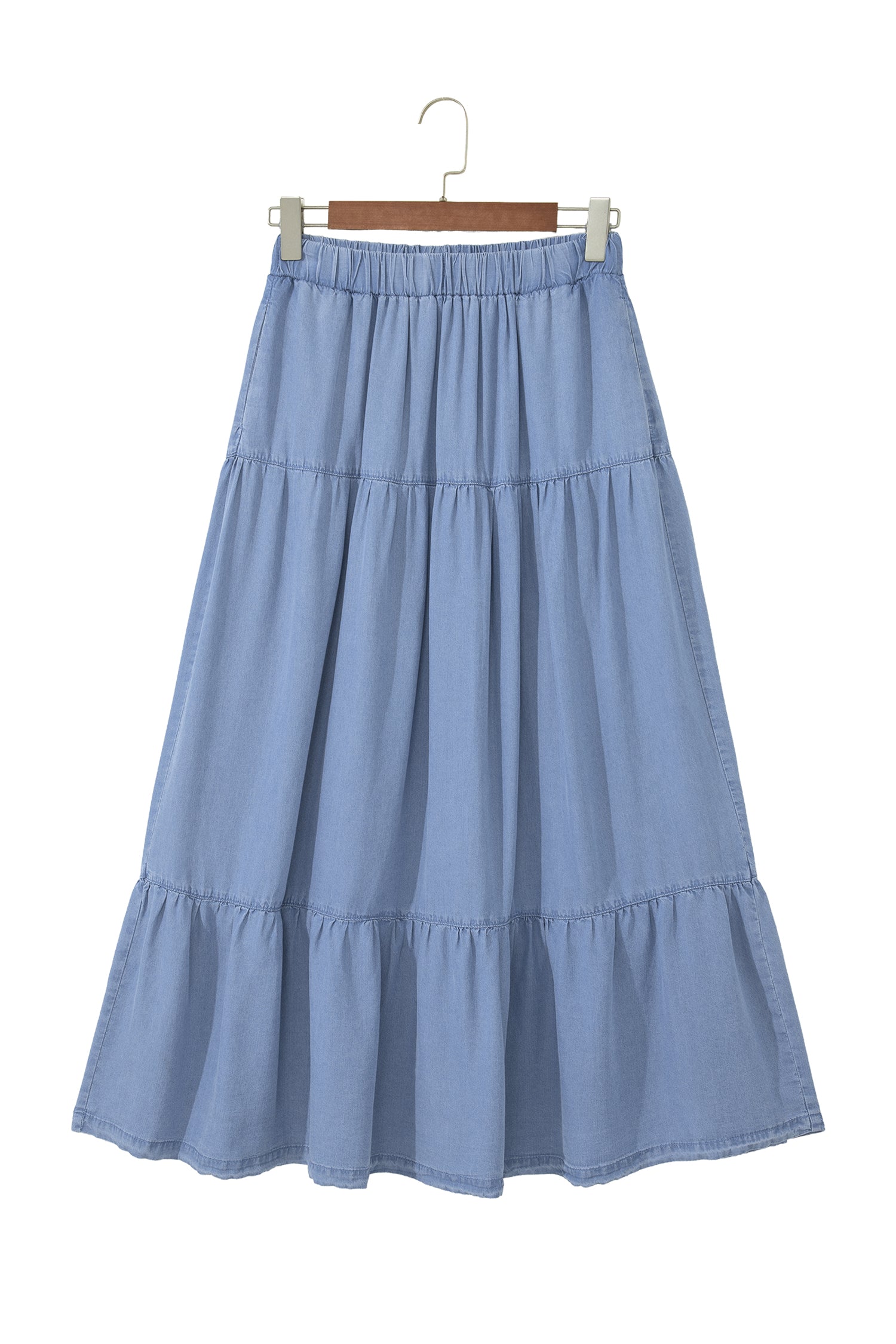 Beau Blue Elastic Waist Ruffled Tiered Flared Denim Maxi Skirt-Bottoms/Skirts & Petticoat-[Adult]-[Female]-2022 Online Blue Zone Planet