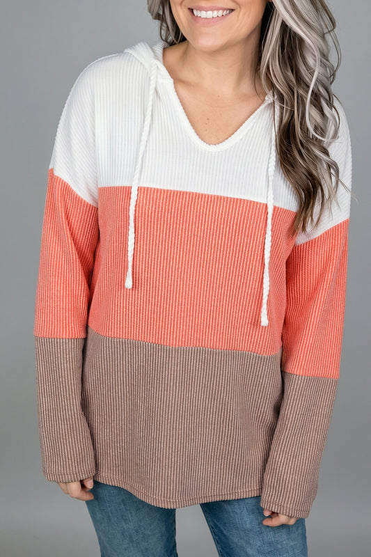 Gold Flame Ribbed Colorblock Hooded Pullover Long Sleeve Top-Tops/Long Sleeve Tops-[Adult]-[Female]-2022 Online Blue Zone Planet