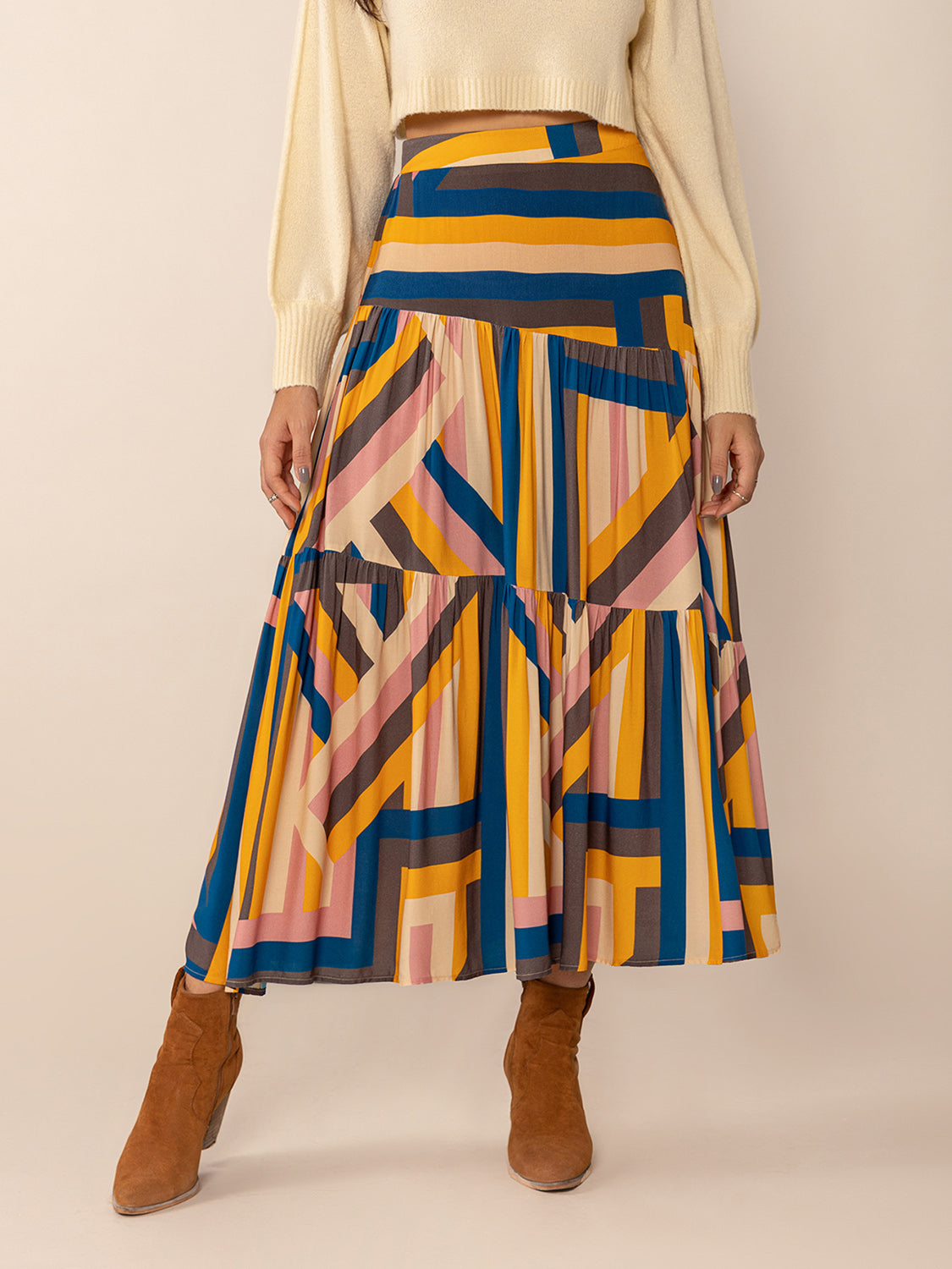 Ruched Elastic Waist Contrast Midi Skirt-BOTTOMS SIZES SMALL MEDIUM LARGE-[Adult]-[Female]-Multicolor-S-2022 Online Blue Zone Planet