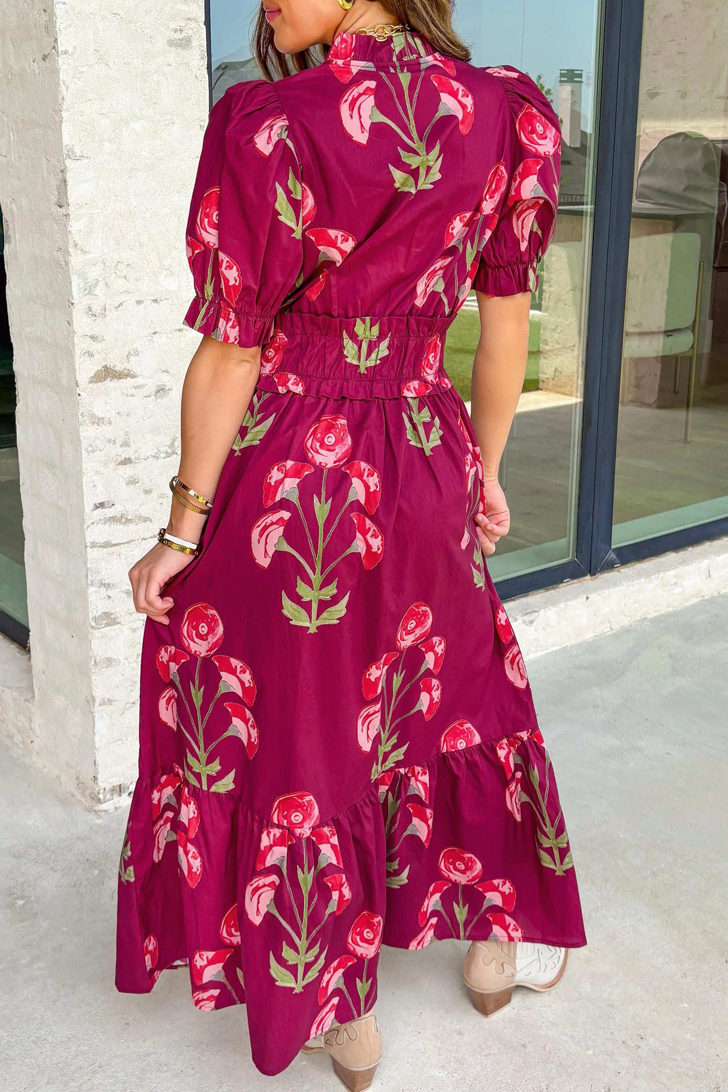 Red Floral Print Frilled V Neck Short Sleeve Ruffle Maxi Dress-Maxi Dresses-[Adult]-[Female]-2022 Online Blue Zone Planet