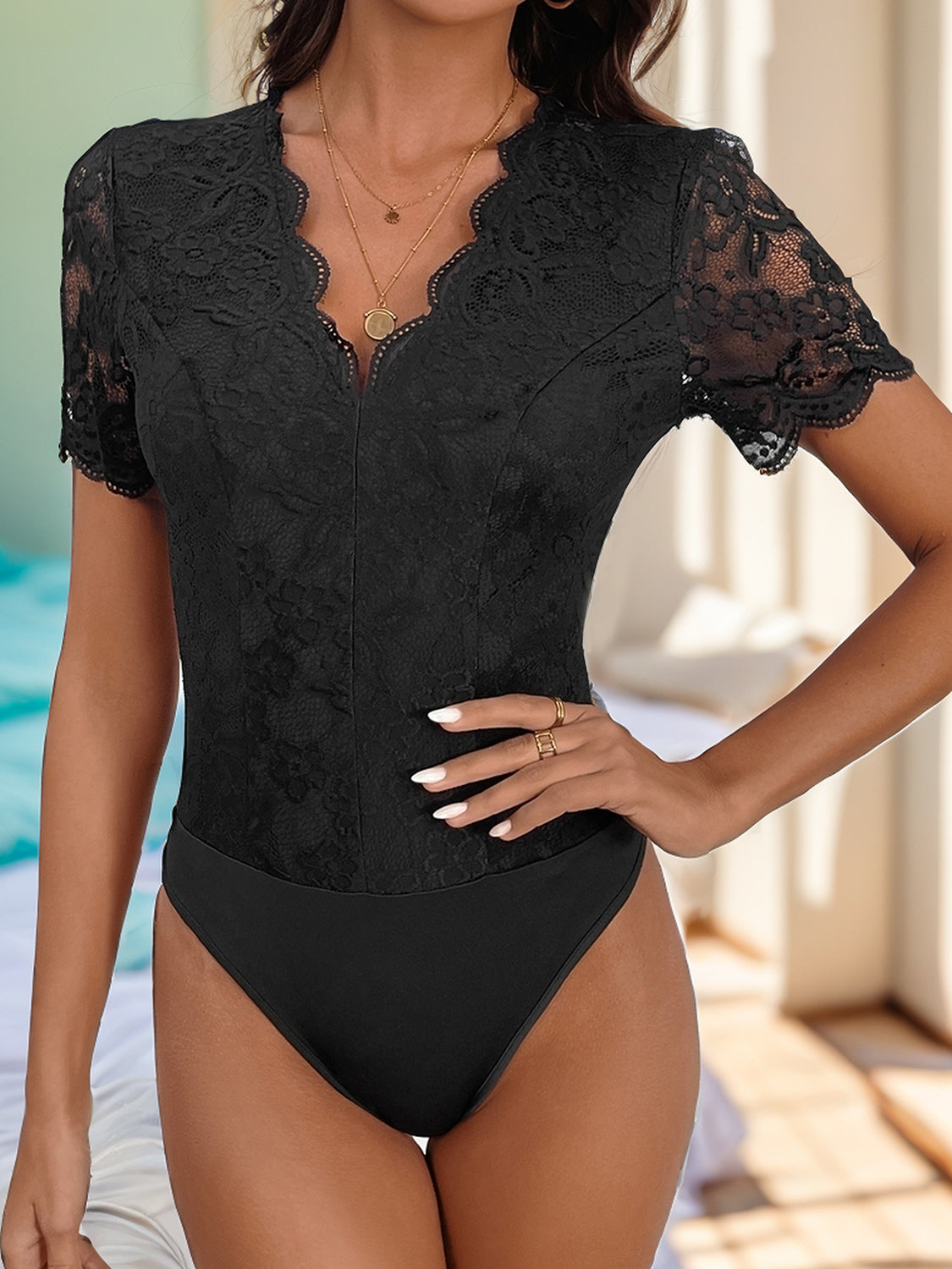 Perfee V-Neck Short Sleeve Lace Bodysuit-TOPS / DRESSES-[Adult]-[Female]-Black-S-2022 Online Blue Zone Planet