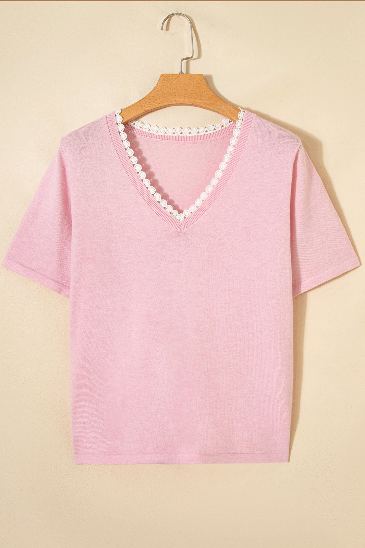 Strawberry Pink Lacy V Neckline Short Sleeve Sweater-TOPS / DRESSES-[Adult]-[Female]-2022 Online Blue Zone Planet