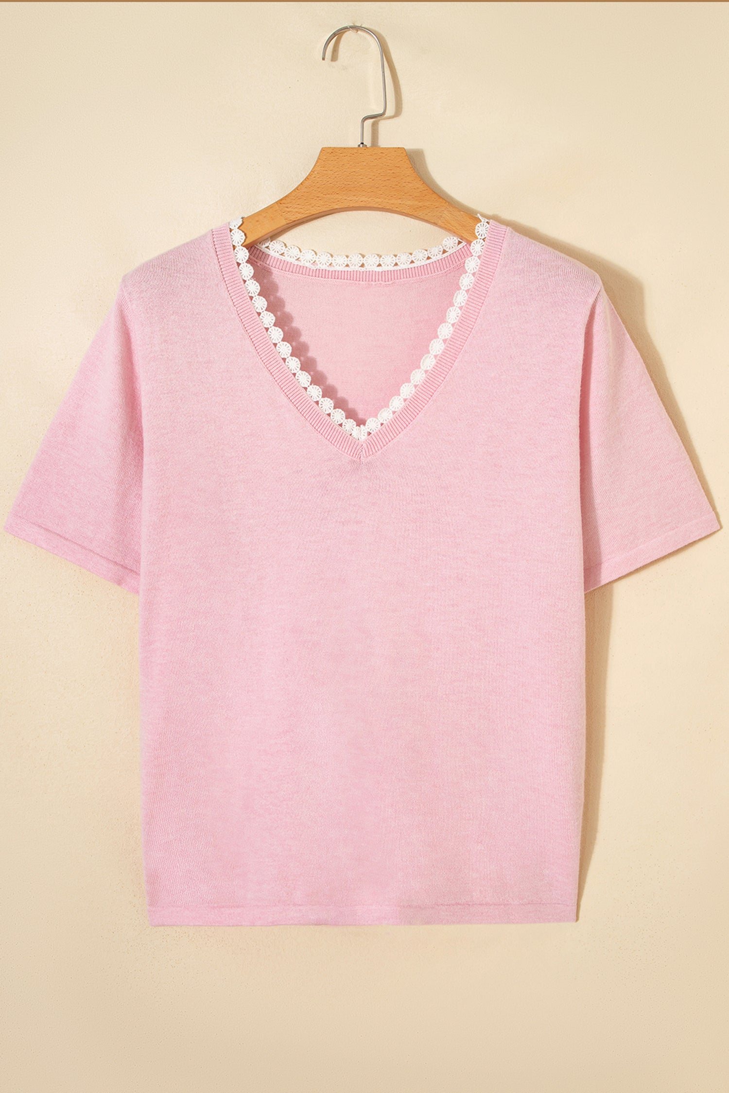 Strawberry Pink Lacy V Neckline Short Sleeve Sweater-TOPS / DRESSES-[Adult]-[Female]-2022 Online Blue Zone Planet