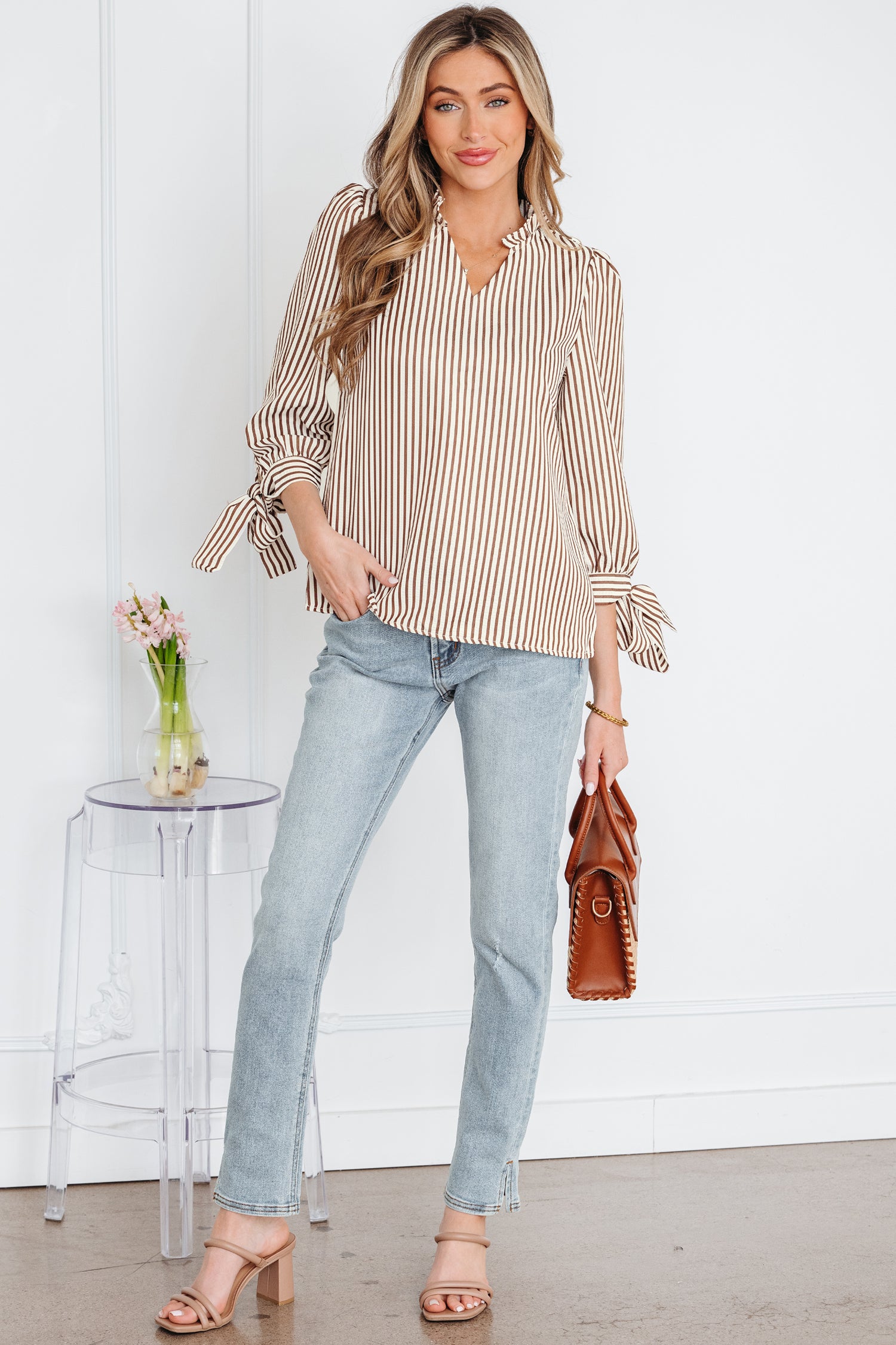 Straw Yellow Striped Print Tied Cuffs Split Neck Seersucker Blouse-Tops/Blouses & Shirts-[Adult]-[Female]-2022 Online Blue Zone Planet