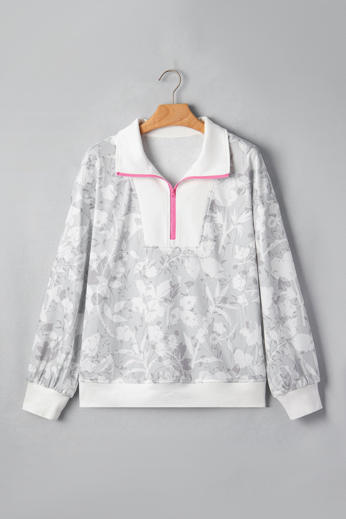 Gray Floral Print Quarter Zip Stand Neck Long Sleeve Sweatshirt-Tops/Sweatshirts & Hoodies-[Adult]-[Female]-2022 Online Blue Zone Planet