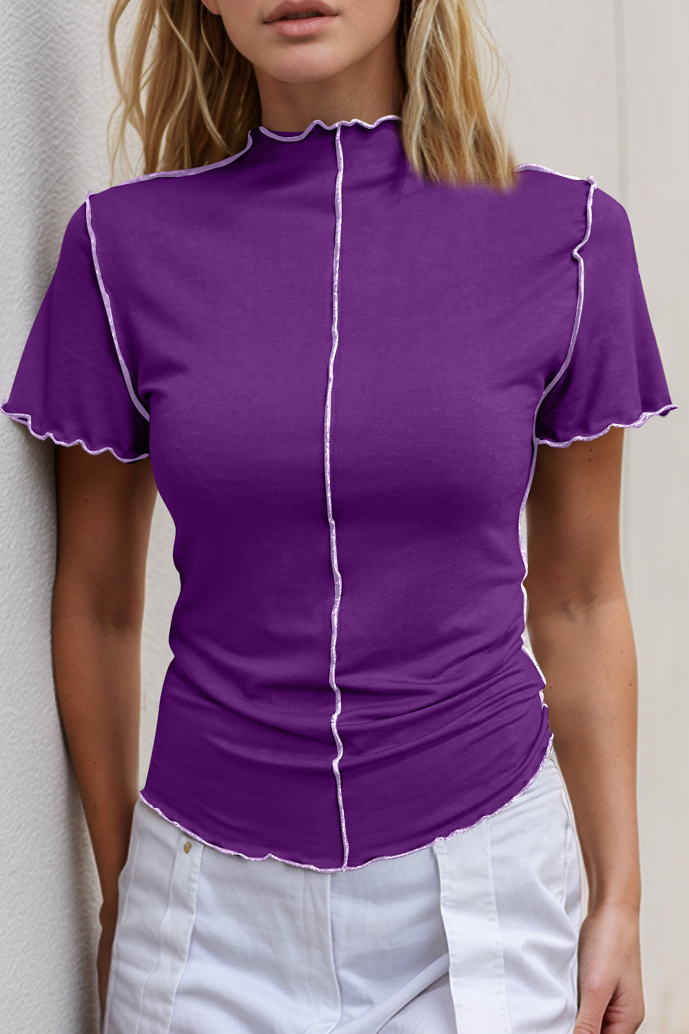 Basic Bae Contrast Trim Mock Neck Short Sleeve T-Shirt-TOPS / DRESSES-[Adult]-[Female]-Purple-S-2022 Online Blue Zone Planet