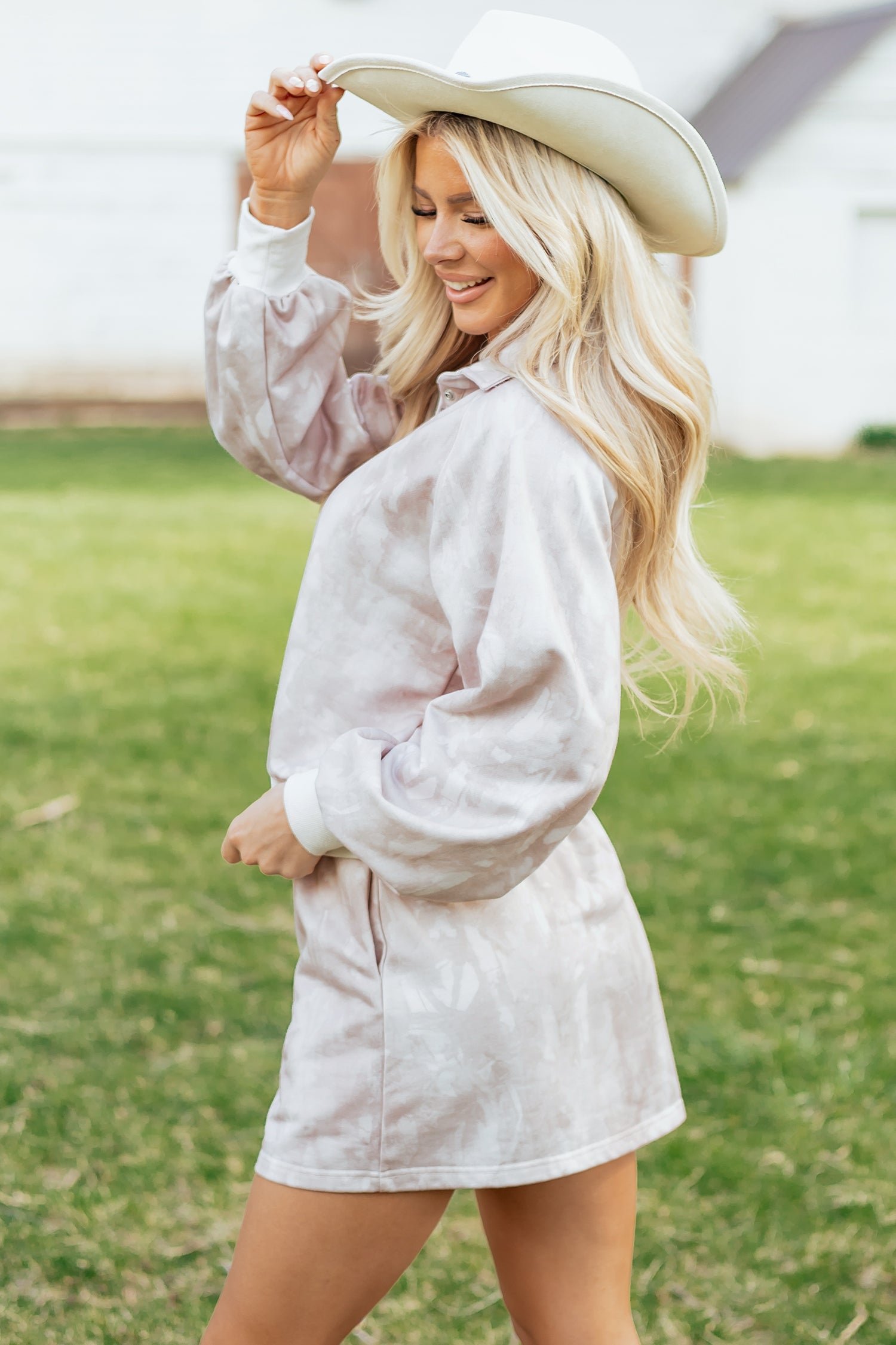 White Abstract Woodland Print Balloon Sleeve Pullover Drawstring Mini Skirt Set-Two Piece Sets/Two Piece Dresses-[Adult]-[Female]-2022 Online Blue Zone Planet