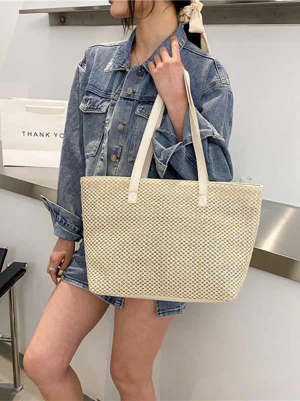 Solid Color Woven Tote Bag-HANDBAGS-[Adult]-[Female]-2022 Online Blue Zone Planet