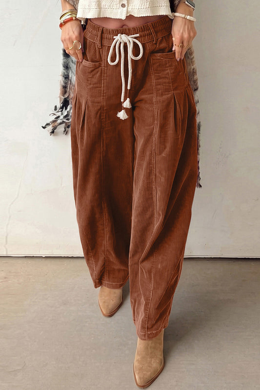 Chestnut Elastic Waist Drawstring Corduroy Casual Pants-Bottoms/Pants & Culotte-[Adult]-[Female]-Chestnut-S-2022 Online Blue Zone Planet