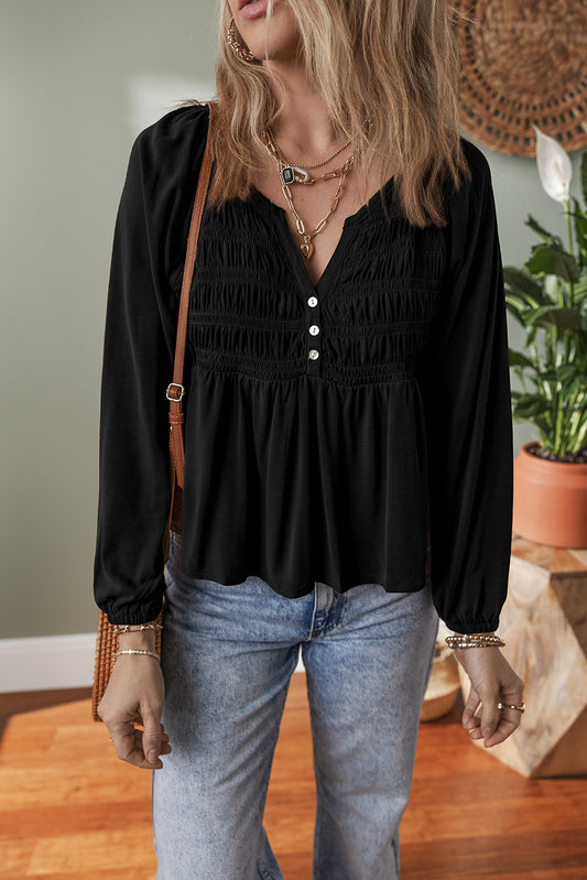 Black Smocked Bust Buttoned Split V Neck Flow Fit Blouse-Tops/Blouses & Shirts-[Adult]-[Female]-Black-S-2022 Online Blue Zone Planet
