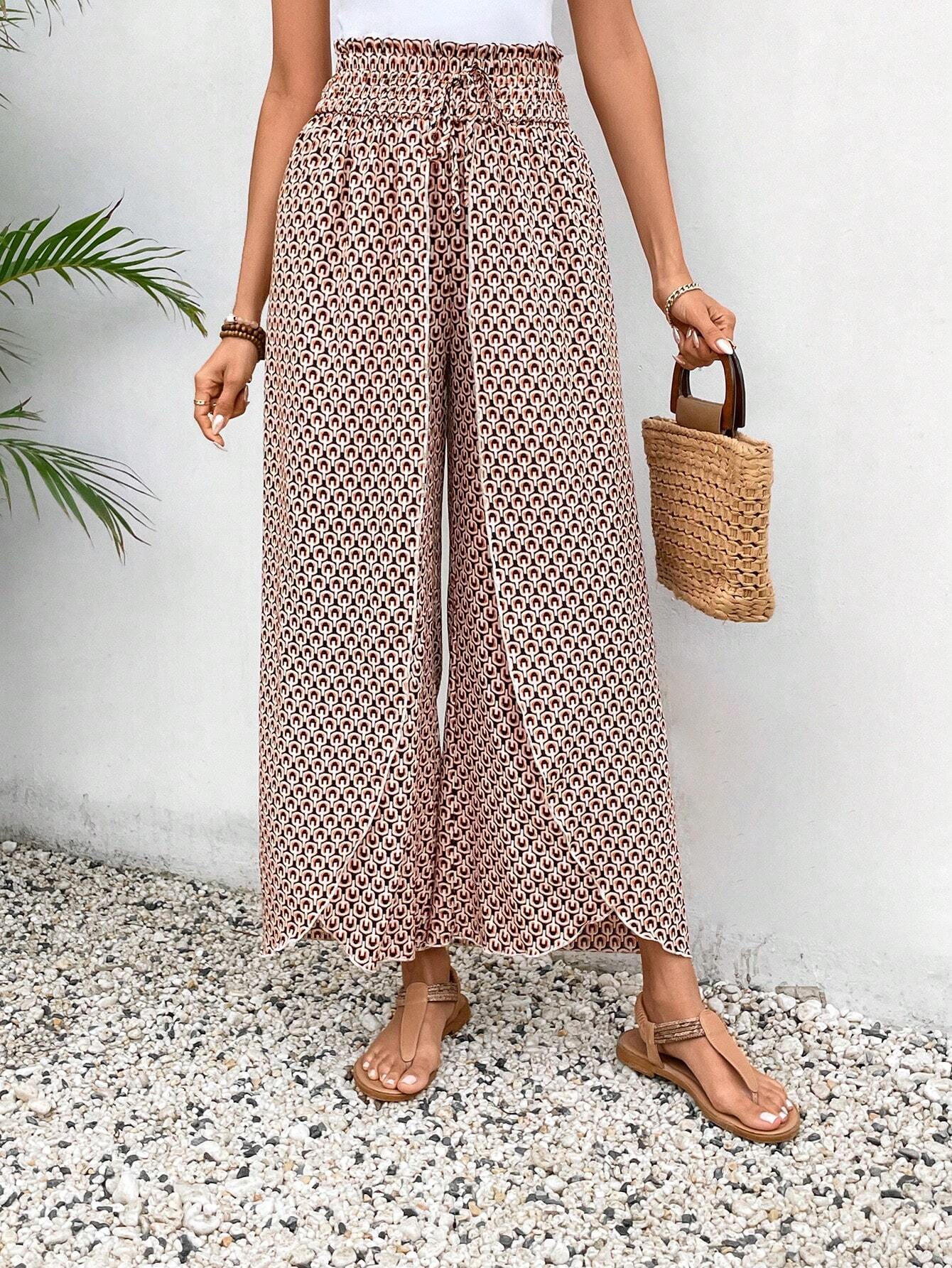 Black Bohemian Print Slit Wide Leg Smocked High Waist Pants-Bottoms/Pants & Culotte-[Adult]-[Female]-2022 Online Blue Zone Planet