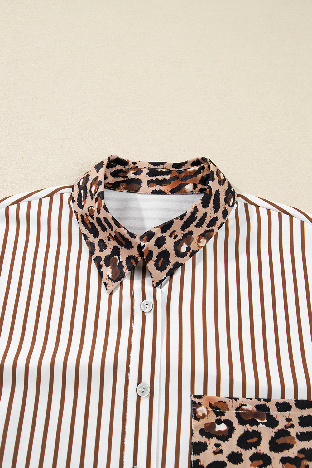 Brown Stripe Contrast Leopard Patchwork Long Shirt Dress with Slits-TOPS / DRESSES-[Adult]-[Female]-2022 Online Blue Zone Planet