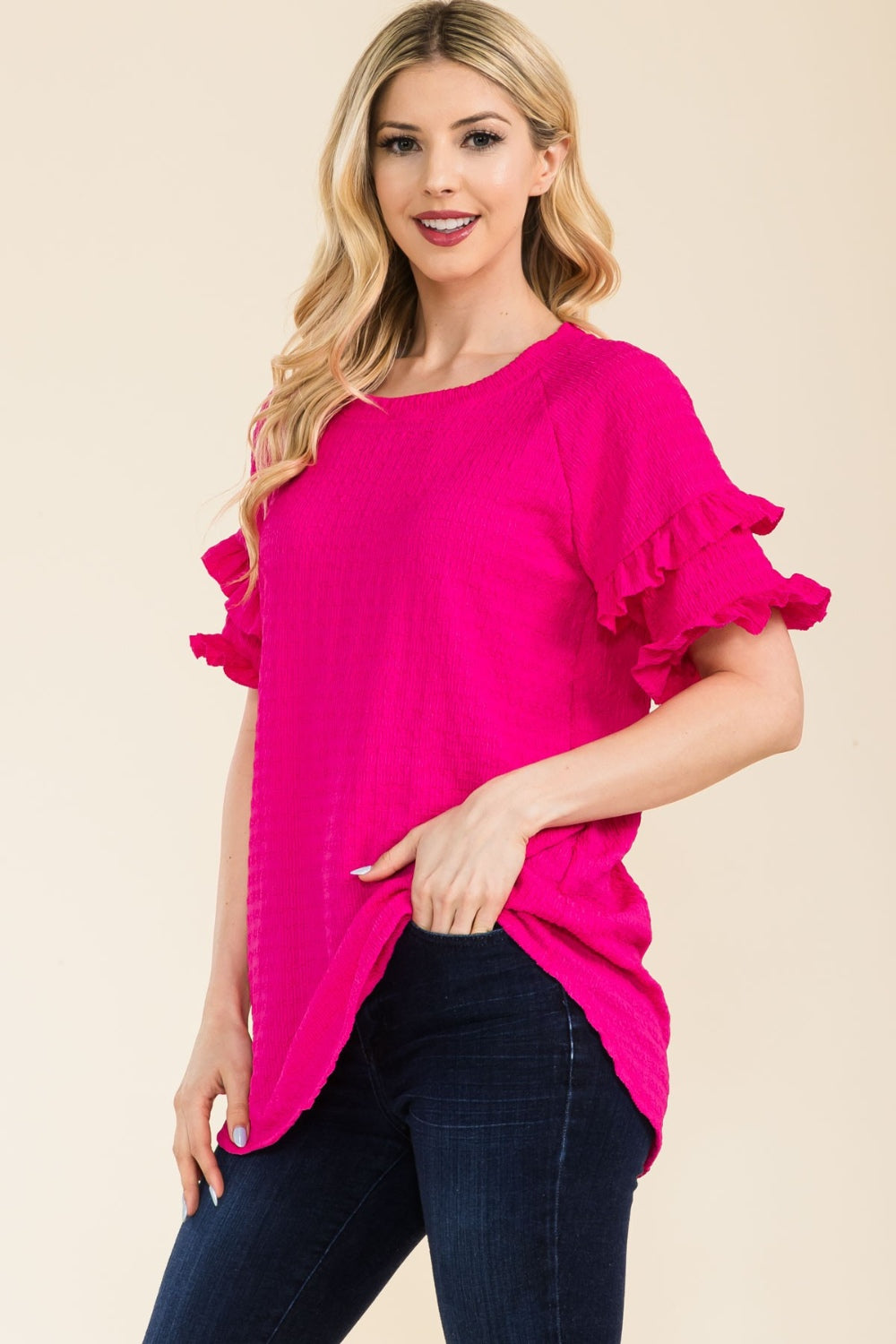 Celeste Full Size Ruffle Short Sleeve Texture Top-TOPS / DRESSES-[Adult]-[Female]-2022 Online Blue Zone Planet