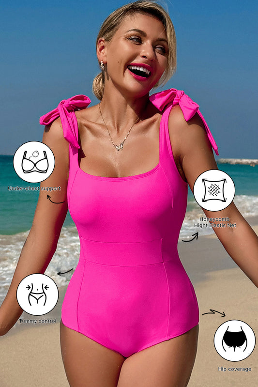 Rose Red Square Neck Knotted Shoulder Open Back One Piece Swimsuit-Swimwear/One Piece Swimsuit-[Adult]-[Female]-2022 Online Blue Zone Planet