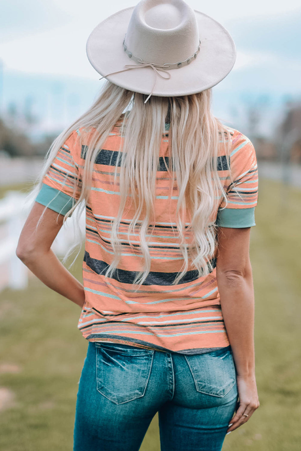 Pink Multicolor Stripes Crew Neck T Shirt-Tops/Tops & Tees-[Adult]-[Female]-2022 Online Blue Zone Planet