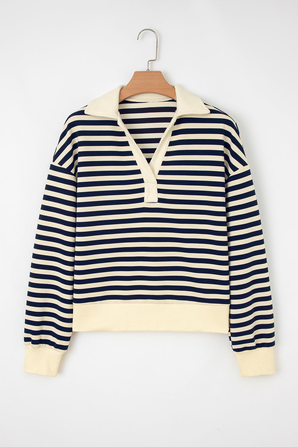 Blue Stripe Collared V Neck Long Sleeve Casual Top-Tops/Long Sleeve Tops-[Adult]-[Female]-2022 Online Blue Zone Planet