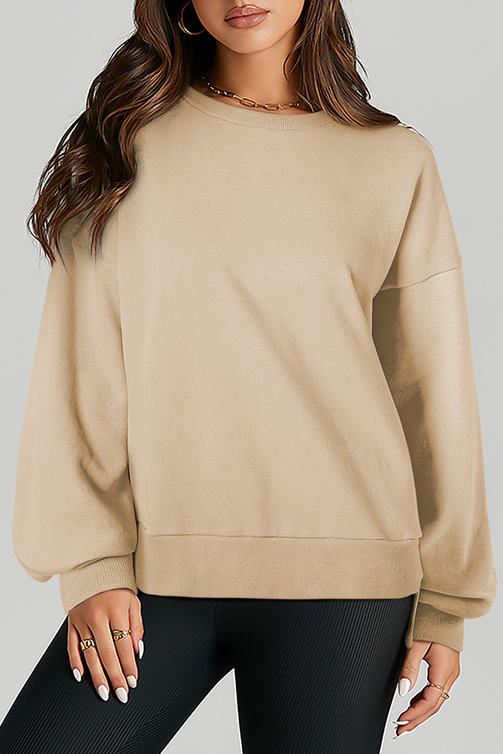 Parchment Solid O Neck High Low Hem Pullover Sweatshirt-Tops/Sweatshirts & Hoodies-[Adult]-[Female]-Parchment-S-2022 Online Blue Zone Planet