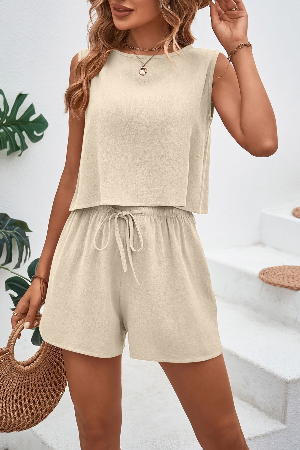 Round Neck Top and Drawstring Shorts Set-TOPS / DRESSES-[Adult]-[Female]-Beige-S-2022 Online Blue Zone Planet