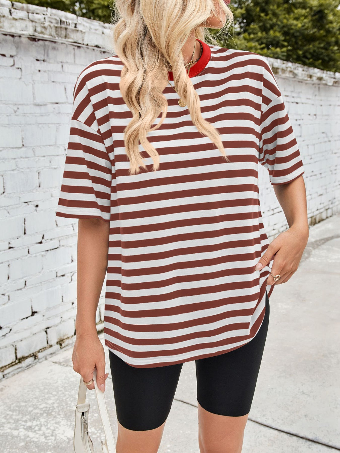 Lovelet Striped Round Neck Half Sleeve T-Shirt-TOPS / DRESSES-[Adult]-[Female]-2022 Online Blue Zone Planet