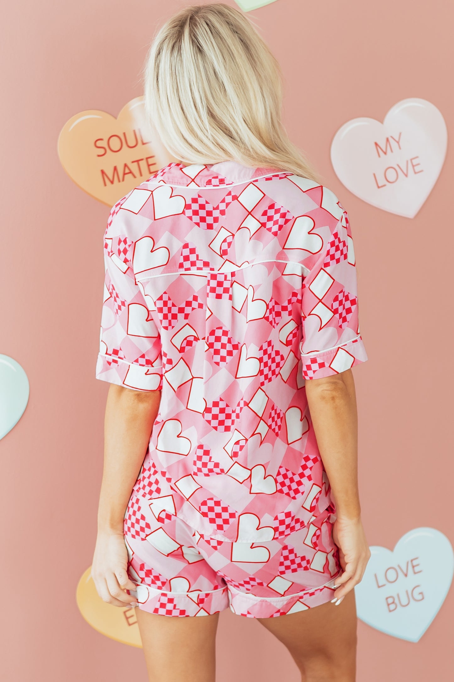 Pink Heart Print Shirt Style Silky Short Pajama Set-Loungewear & Sleepwear/Sleepwear-[Adult]-[Female]-2022 Online Blue Zone Planet