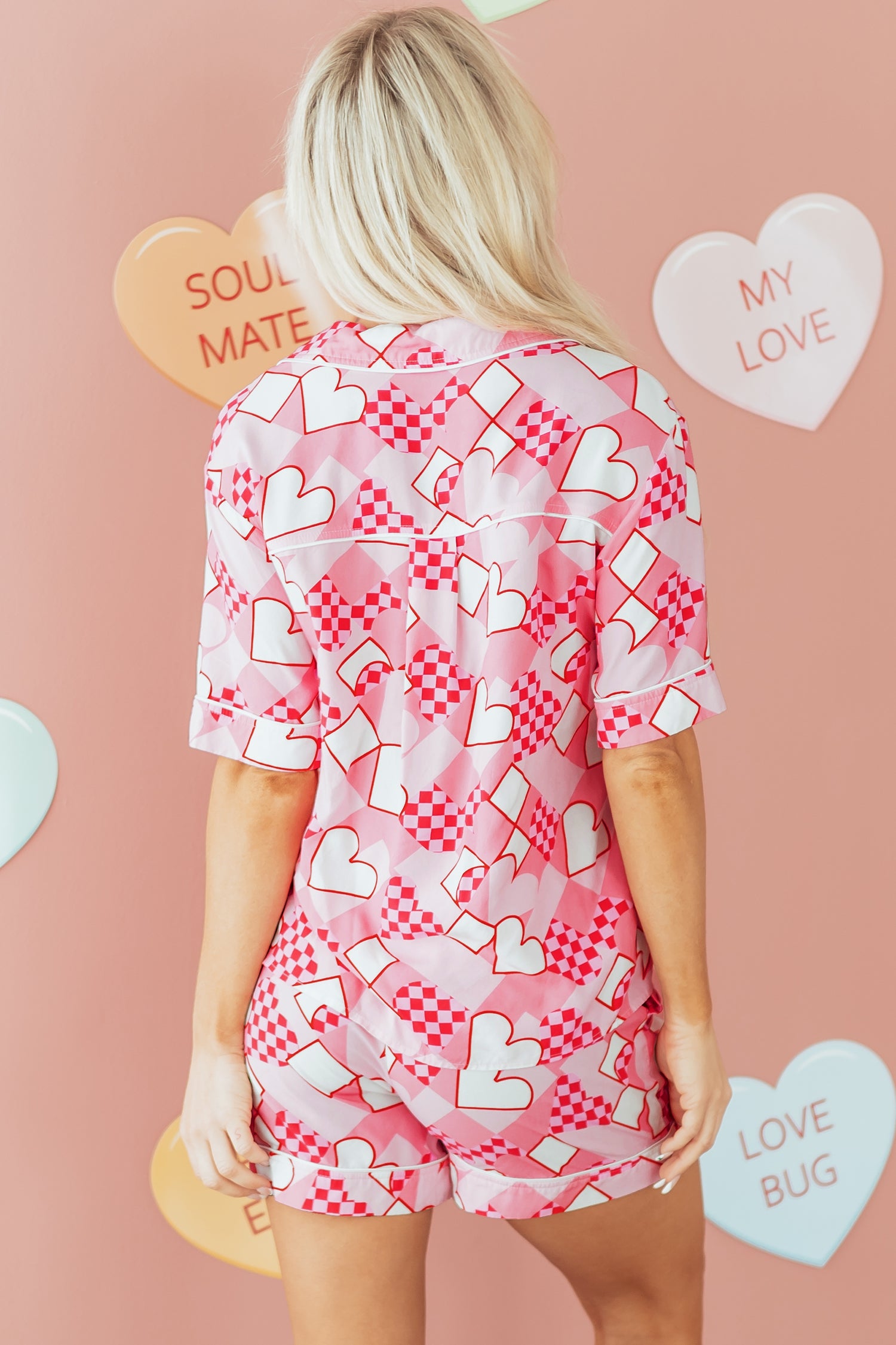 Pink Heart Print Shirt Style Silky Short Pajama Set-Loungewear & Sleepwear/Sleepwear-[Adult]-[Female]-2022 Online Blue Zone Planet