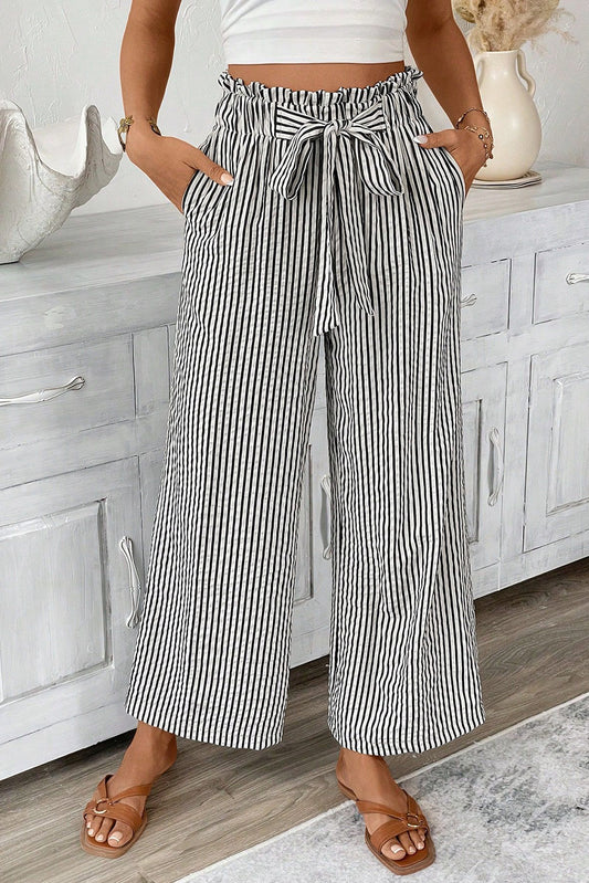 Black Stripe Tied High Waist Loose Straight Casual Pants-Bottoms/Pants & Culotte-[Adult]-[Female]-Black Stripe-S-2022 Online Blue Zone Planet