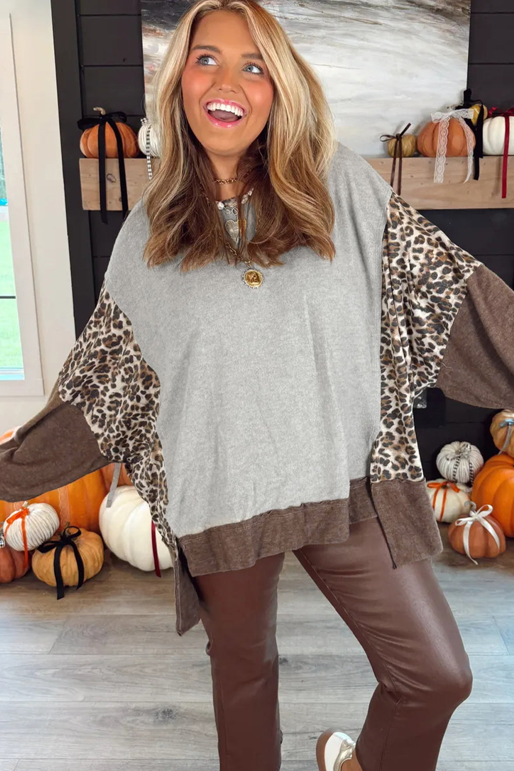 Gray Color Block Leopard Patchwork Dolman Sleeve High Low Baggy Sweatshirt-Tops/Sweatshirts & Hoodies-[Adult]-[Female]-2022 Online Blue Zone Planet