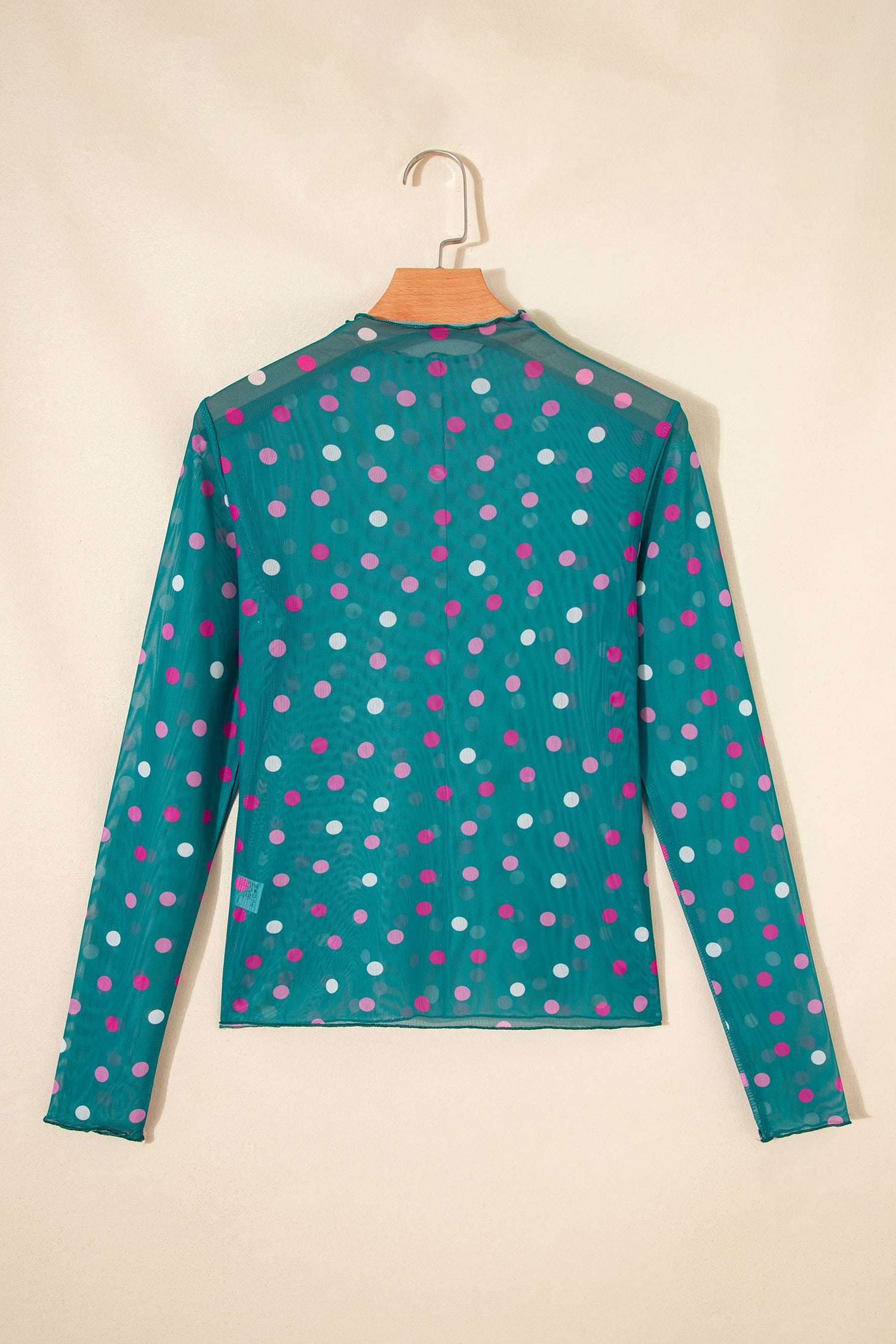 Red Polka Dot Patterned Bodycon Mock Neck Mesh Long Sleeve Top-Tops/Long Sleeve Tops-[Adult]-[Female]-2022 Online Blue Zone Planet