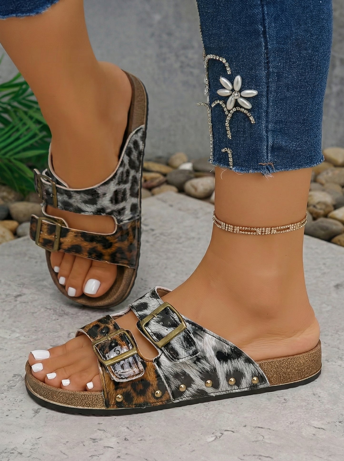 Black white Denim Distressed Retro Buckle Straps Hollowed Faux Suede Slippers