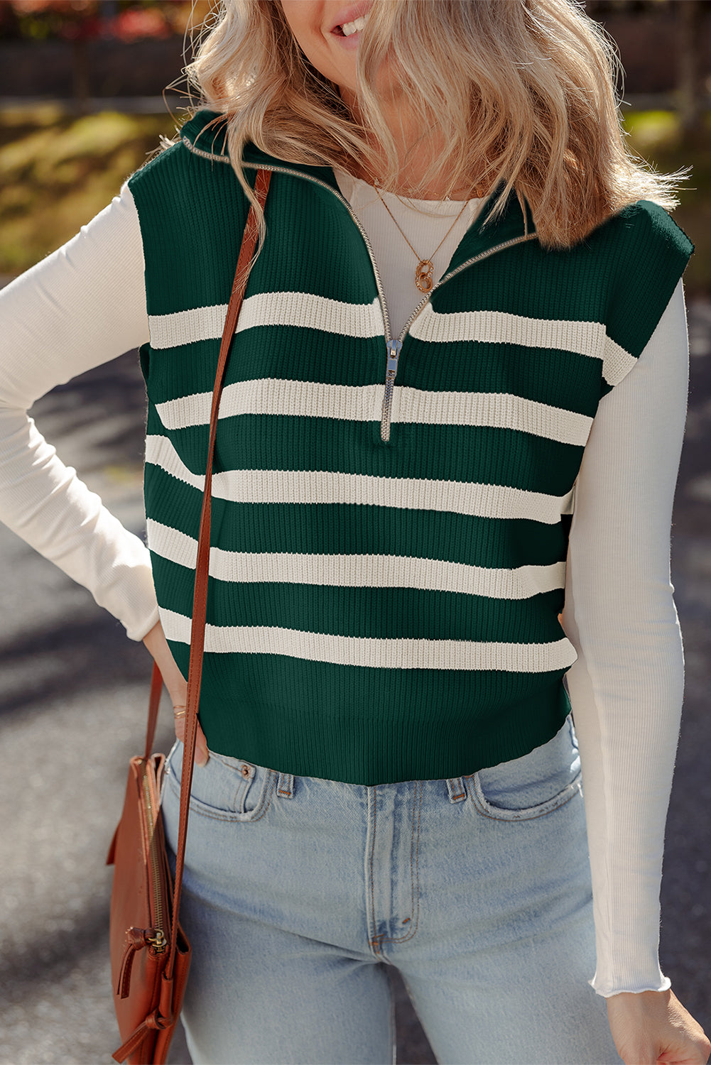 Blackish Green Ribbed Half Zip Collared Sweater Vest-Sweaters & Cardigans/Sweater Vests-[Adult]-[Female]-2022 Online Blue Zone Planet