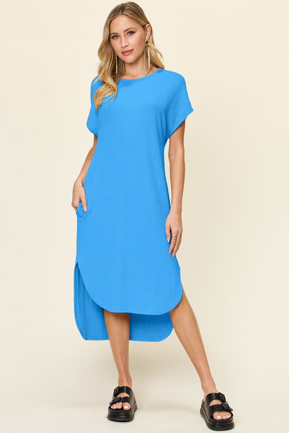 Double Take Full Size Round Neck Short Sleeve Slit Dress-TOPS / DRESSES-[Adult]-[Female]-Sky Blue-S-2022 Online Blue Zone Planet