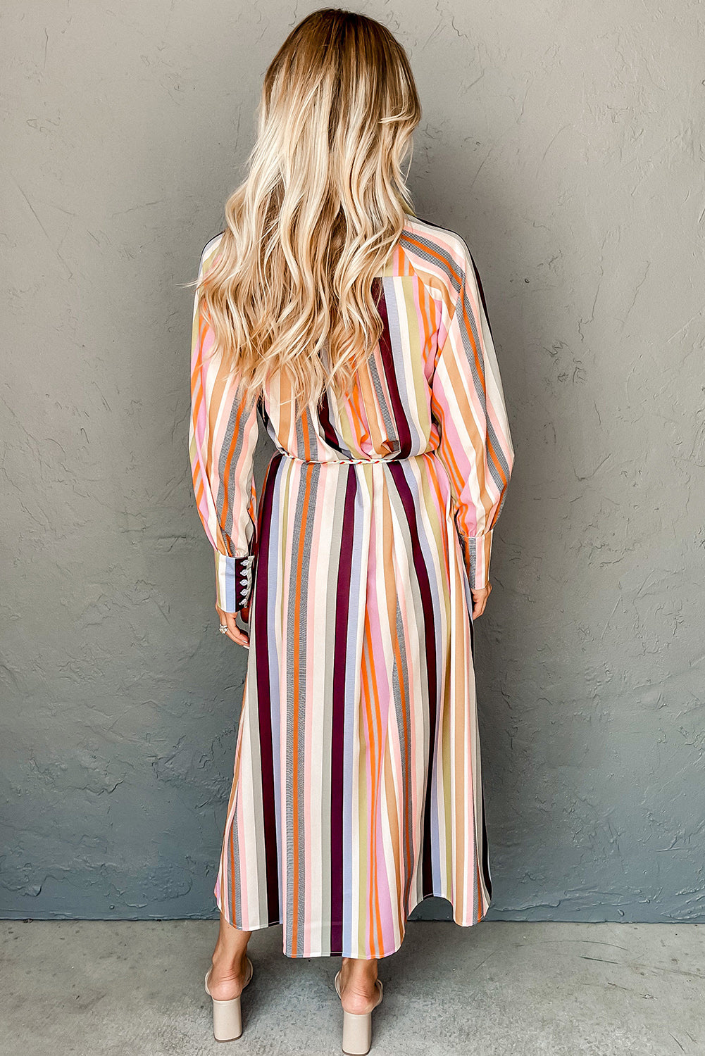 White Colorful Striped Cuffed Sleeve Tassel Tie Maxi Dress-Maxi Dresses-[Adult]-[Female]-2022 Online Blue Zone Planet