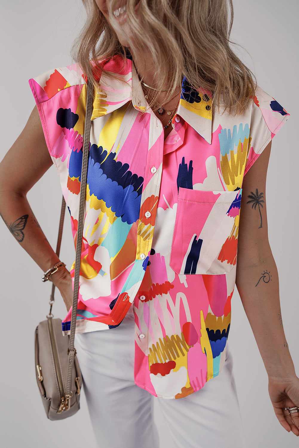 Multicolour Abstract Print Collared Cap Sleeve Casual Shirt-Tops/Blouses & Shirts-[Adult]-[Female]-Multicolour-S-2022 Online Blue Zone Planet