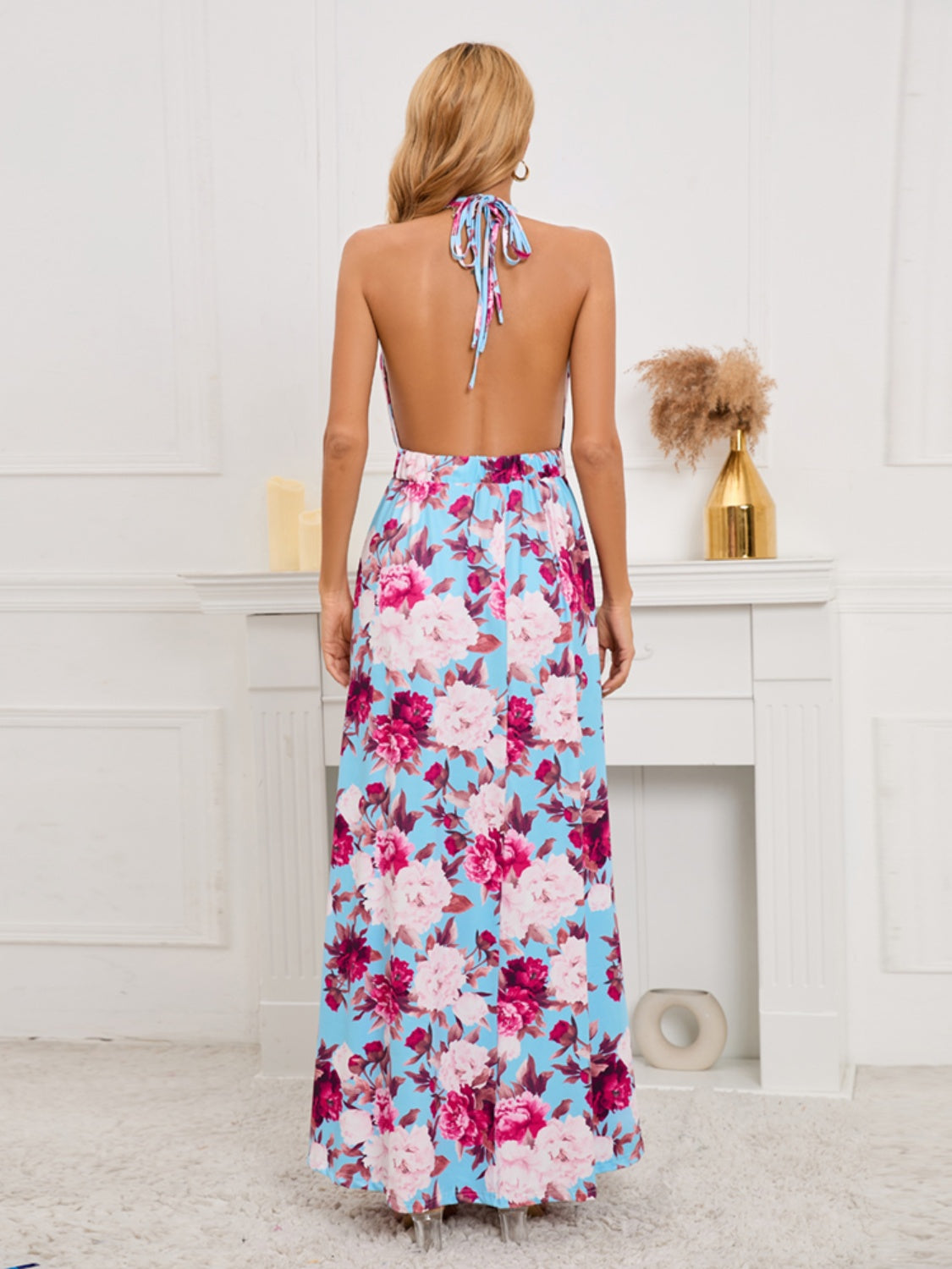 Slit Backless Printed Halter Neck Dress-TOPS / DRESSES-[Adult]-[Female]-2022 Online Blue Zone Planet